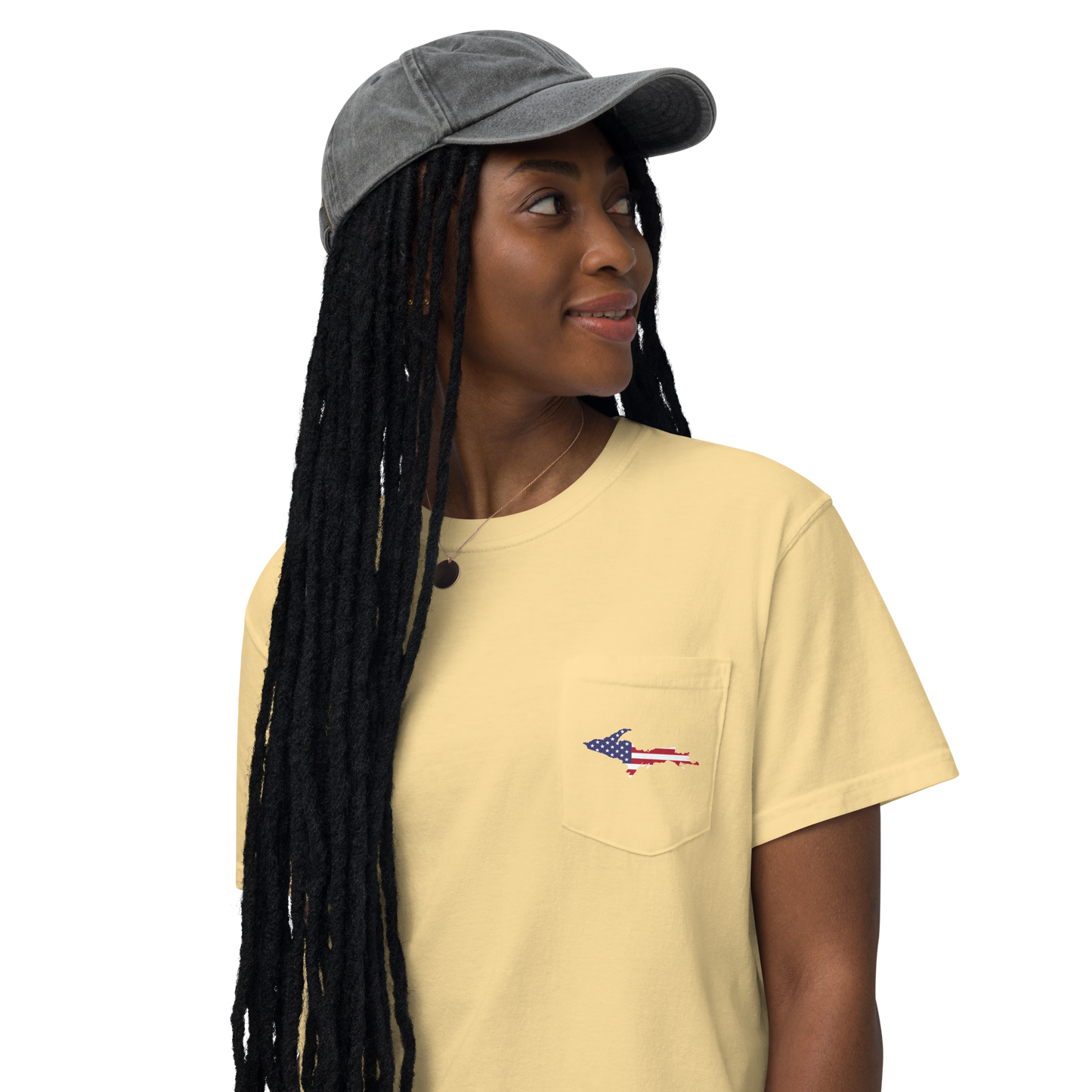 Michigan Upper Peninsula Pocket T-Shirt (w/ UP USA Flag) | Garment Dyed