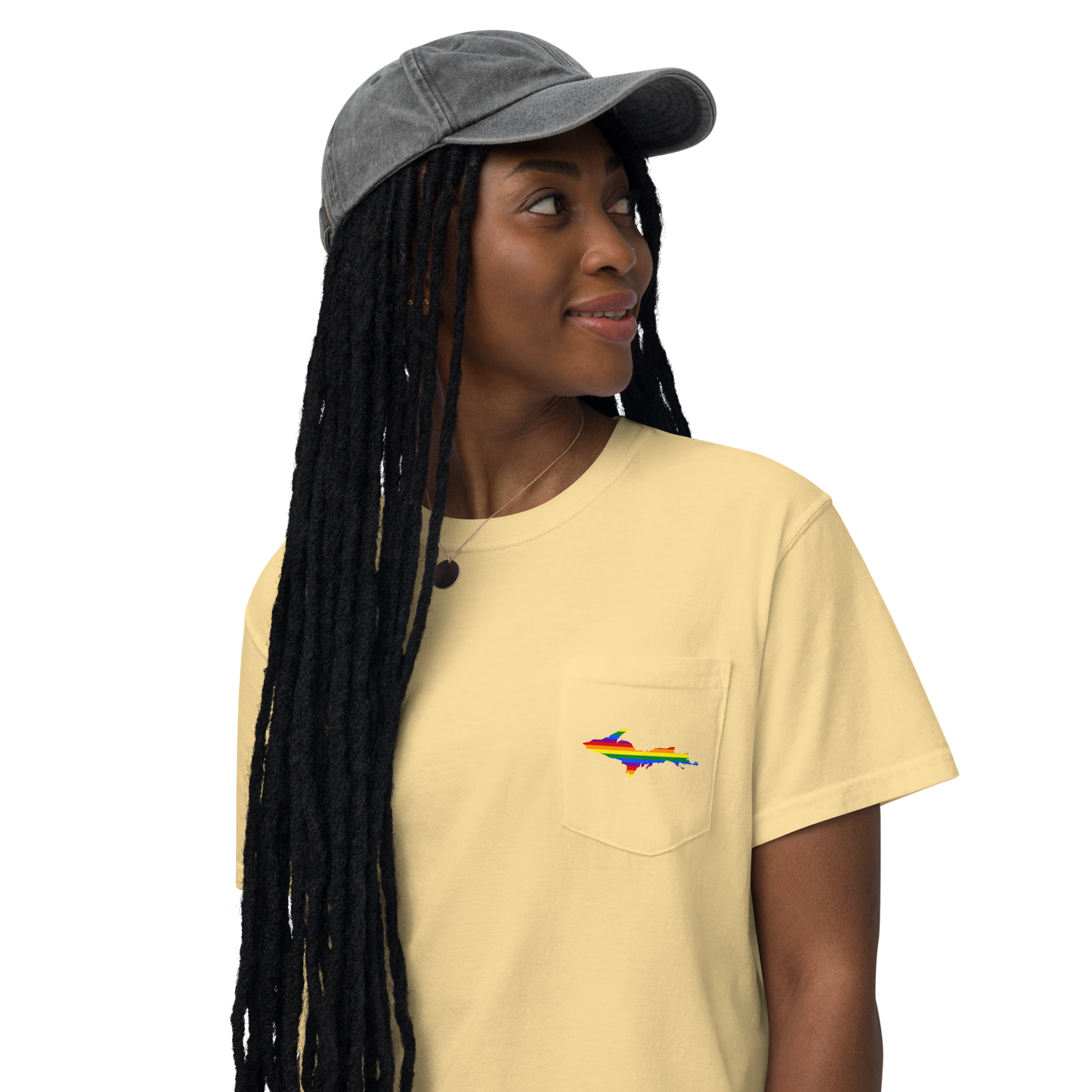 Michigan Upper Peninsula Pocket T-Shirt (w/ UP Rainbow Pride Flag) | Garment Dyed