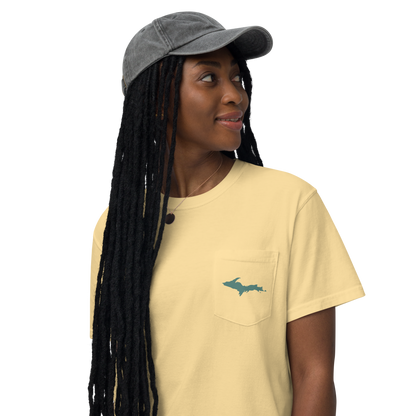 Michigan Upper Peninsula Pocket T-Shirt (w/ Copper Green UP Outline) | Garment Dyed