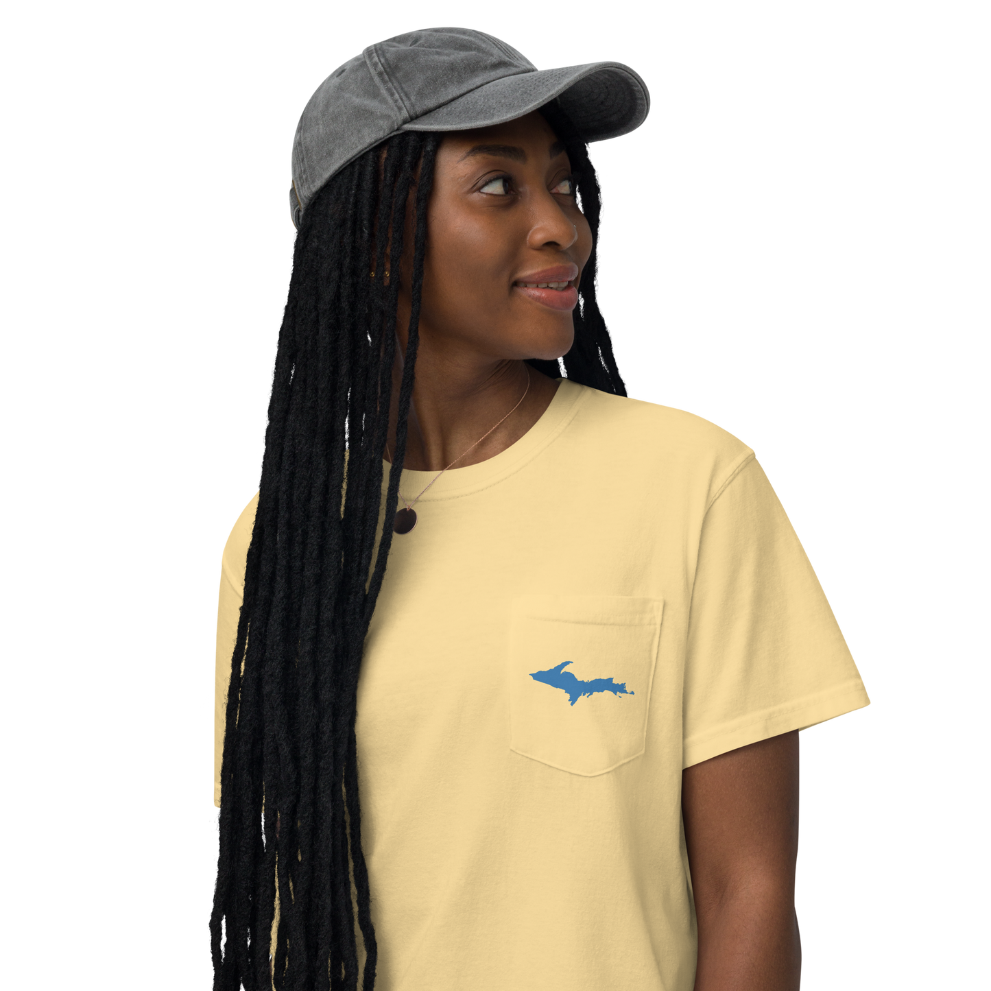 Michigan Upper Peninsula Pocket T-Shirt (w/ Blue UP Outline | Garment Dyed