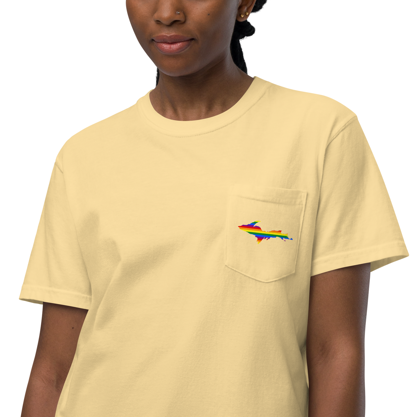 Michigan Upper Peninsula Pocket T-Shirt (w/ UP Rainbow Pride Flag) | Garment Dyed