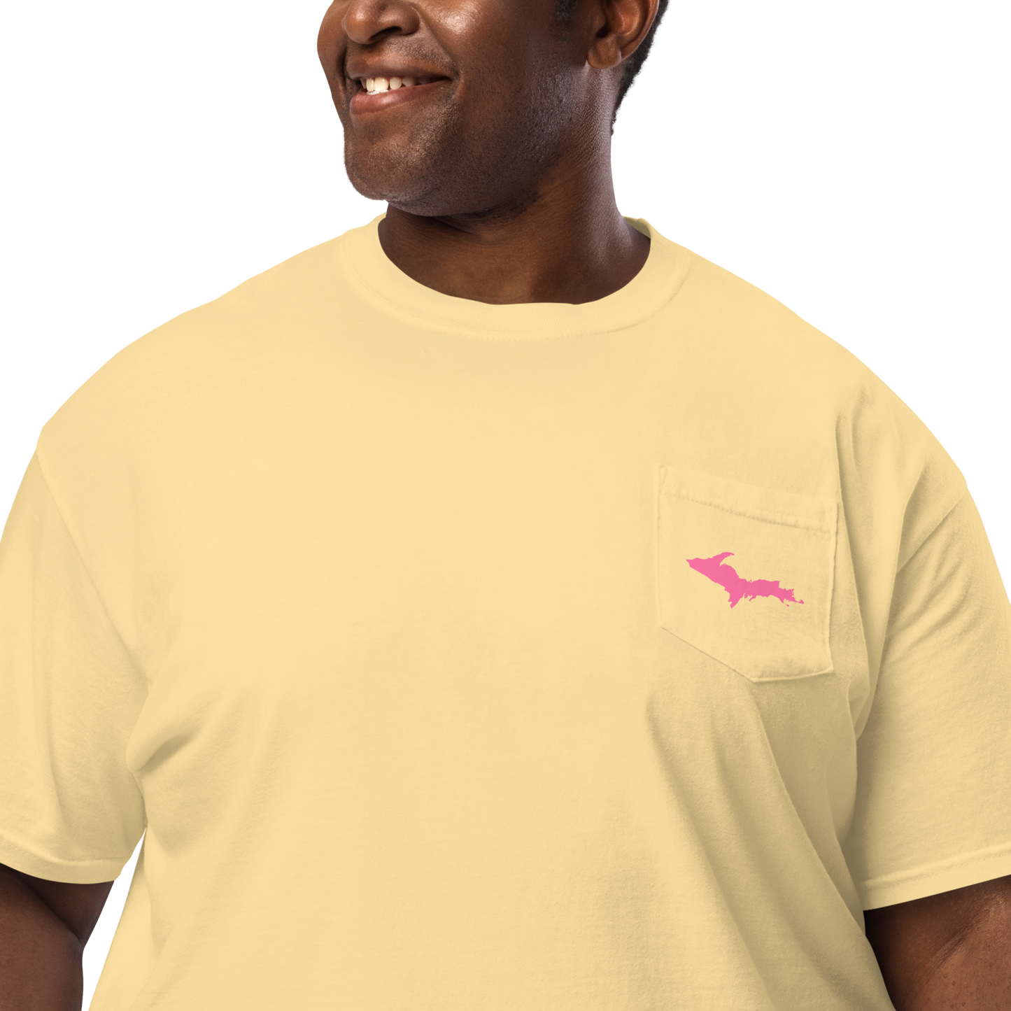 Michigan Upper Peninsula Pocket T-Shirt (w/ Pink UP Outline | Garment Dyed