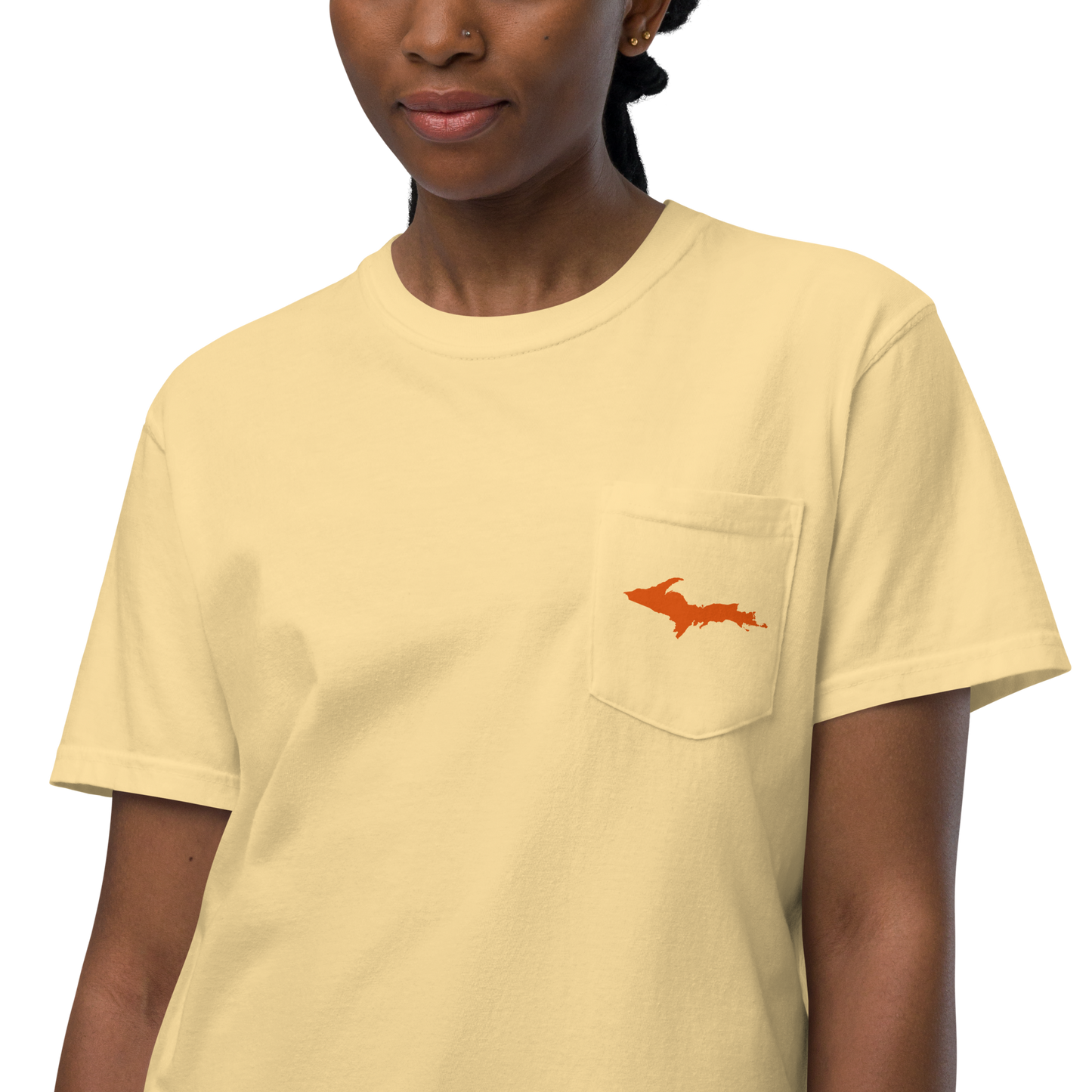 Michigan Upper Peninsula Pocket T-Shirt (w/ UP Orange Outline) | Garment Dyed