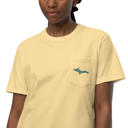 Michigan Upper Peninsula Pocket T-Shirt (w/ Copper Green UP Outline) | Garment Dyed