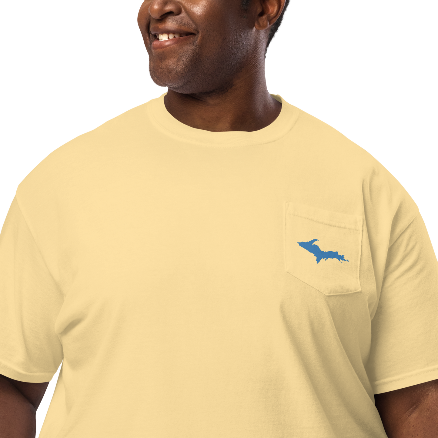 Michigan Upper Peninsula Pocket T-Shirt (w/ Blue UP Outline | Garment Dyed