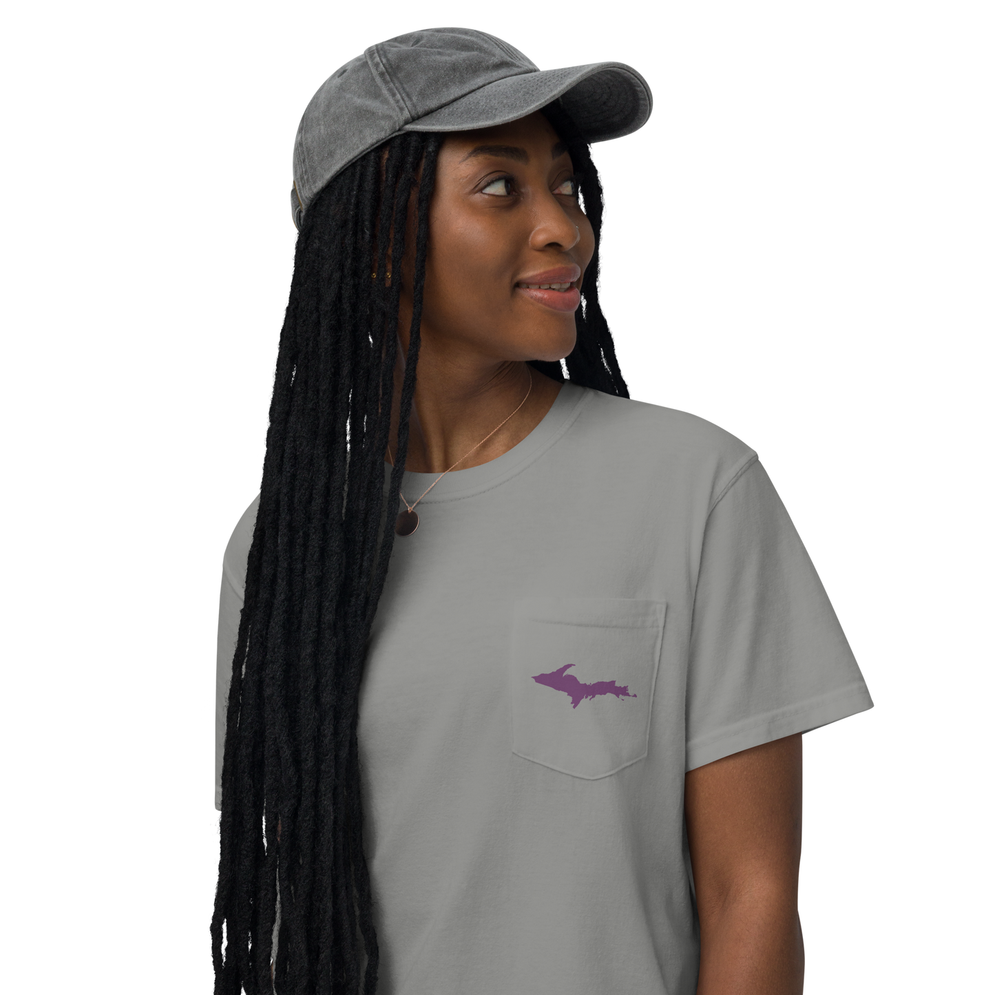 Michigan Upper Peninsula Pocket T-Shirt (w/ Plum UP Outline) | Garment Dyed