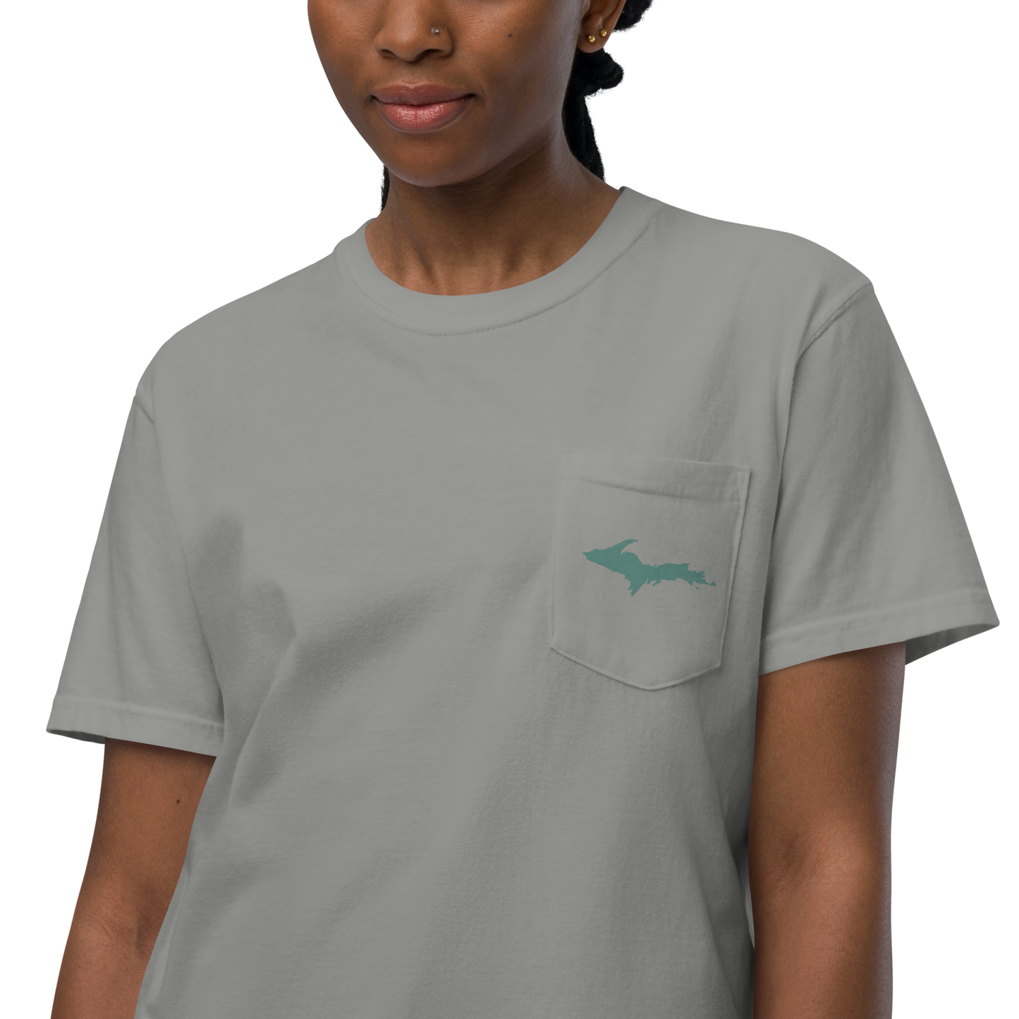 Michigan Upper Peninsula Pocket T-Shirt (w/ Copper Green UP Outline) | Garment Dyed