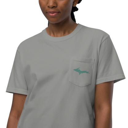 Michigan Upper Peninsula Pocket T-Shirt (w/ Copper Green UP Outline) | Garment Dyed