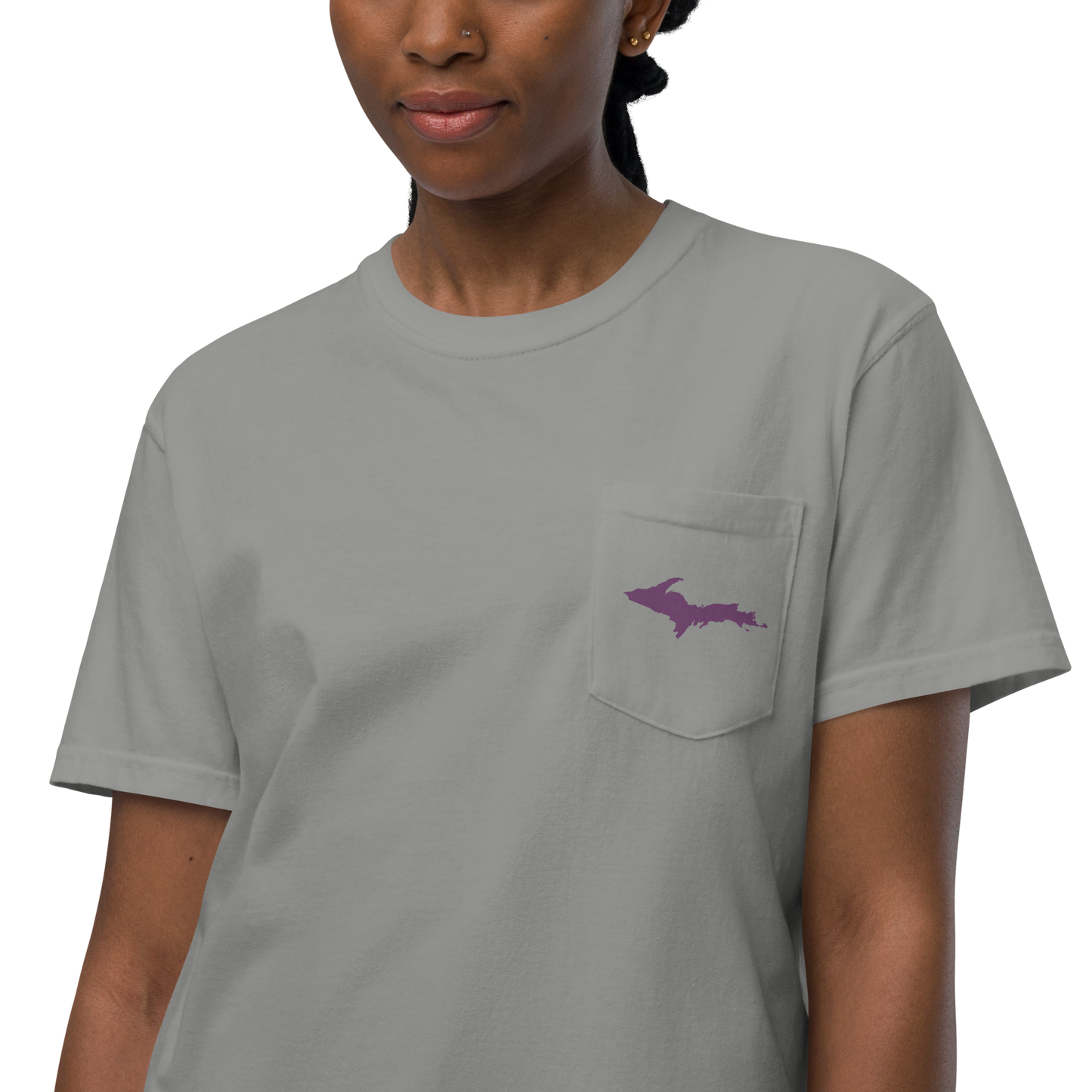 Michigan Upper Peninsula Pocket T-Shirt (w/ Plum UP Outline) | Garment Dyed