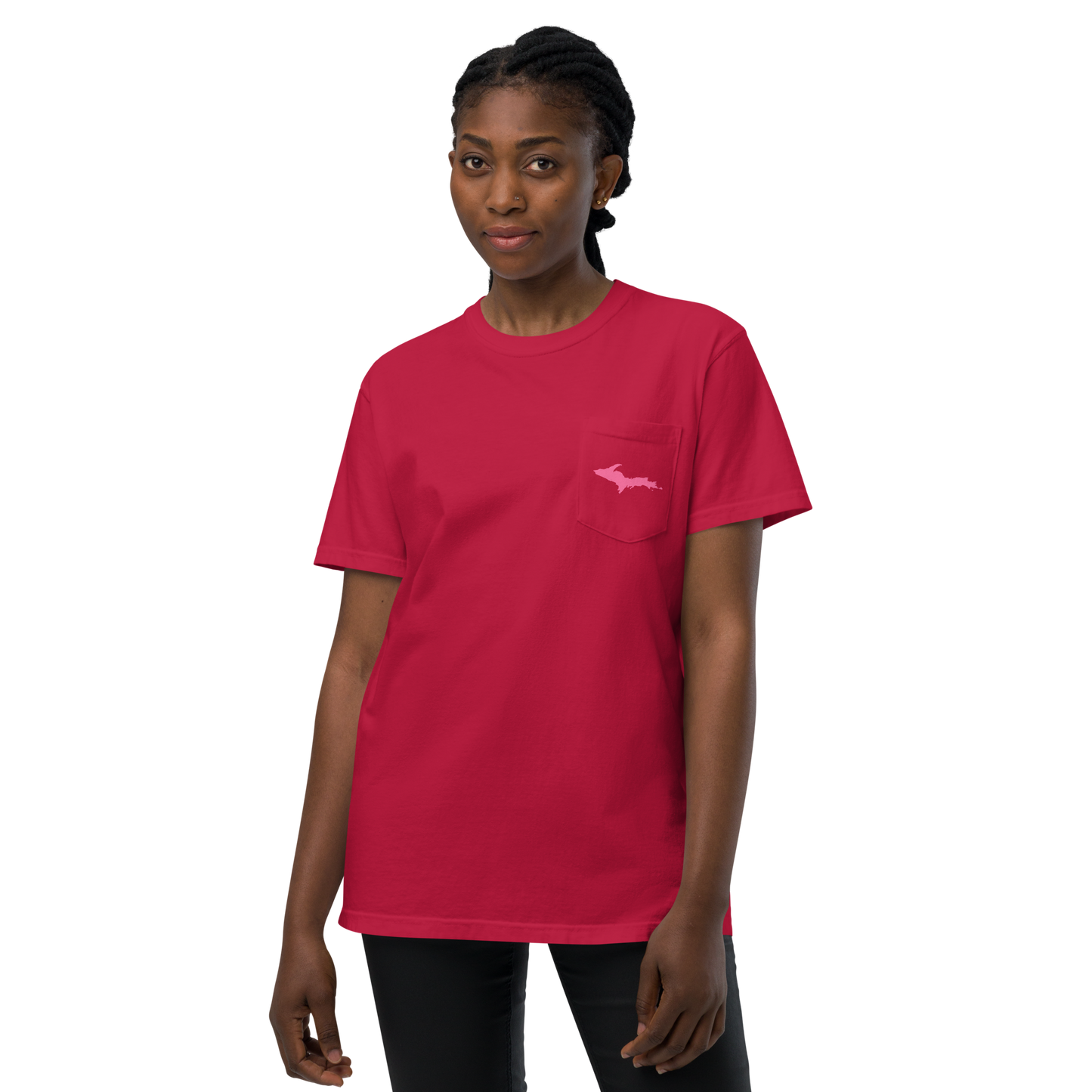 Michigan Upper Peninsula Pocket T-Shirt (w/ Pink UP Outline | Garment Dyed