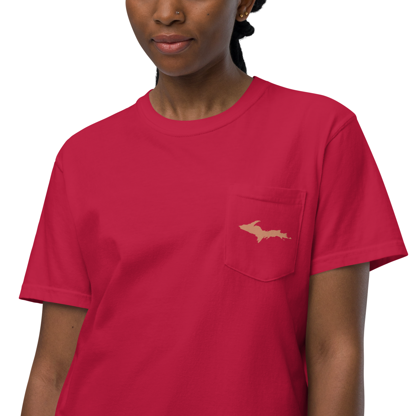 Michigan Upper Peninsula Pocket T-Shirt (w/ Copper UP Outline) | Garment Dyed