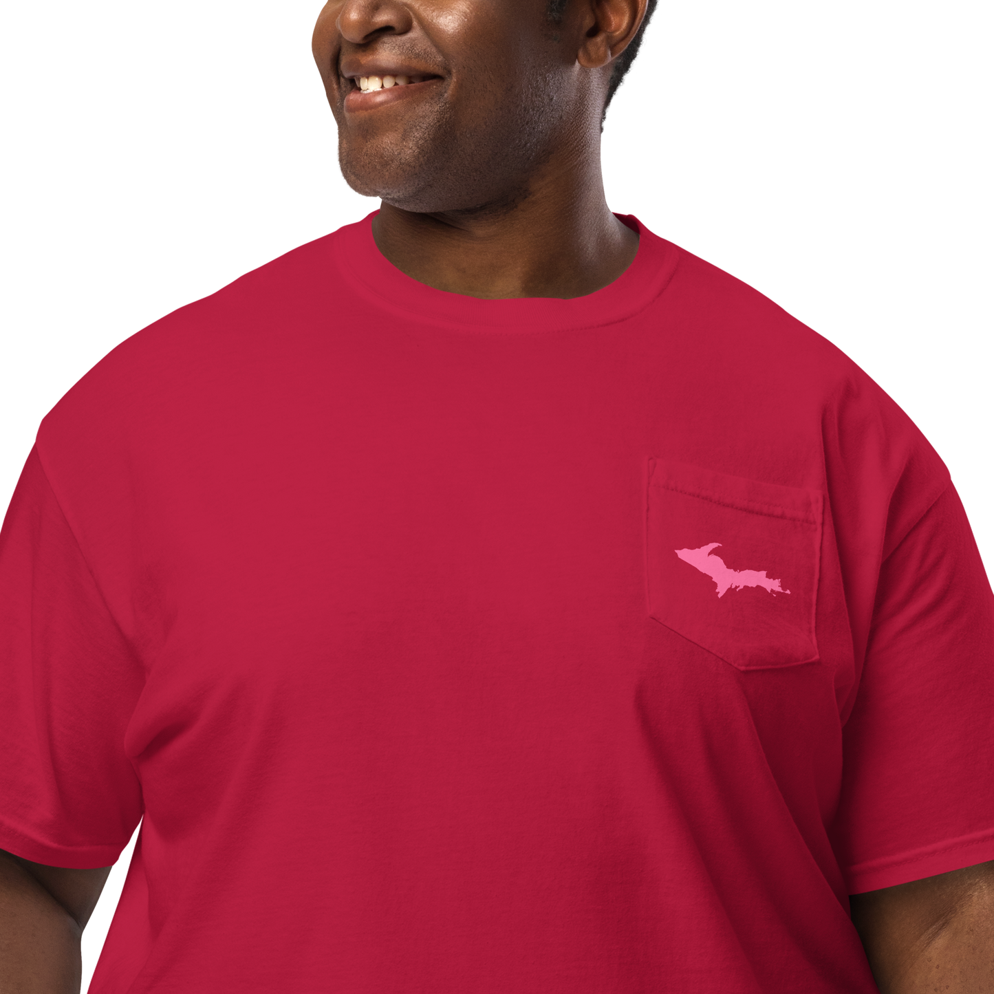 Michigan Upper Peninsula Pocket T-Shirt (w/ Pink UP Outline | Garment Dyed