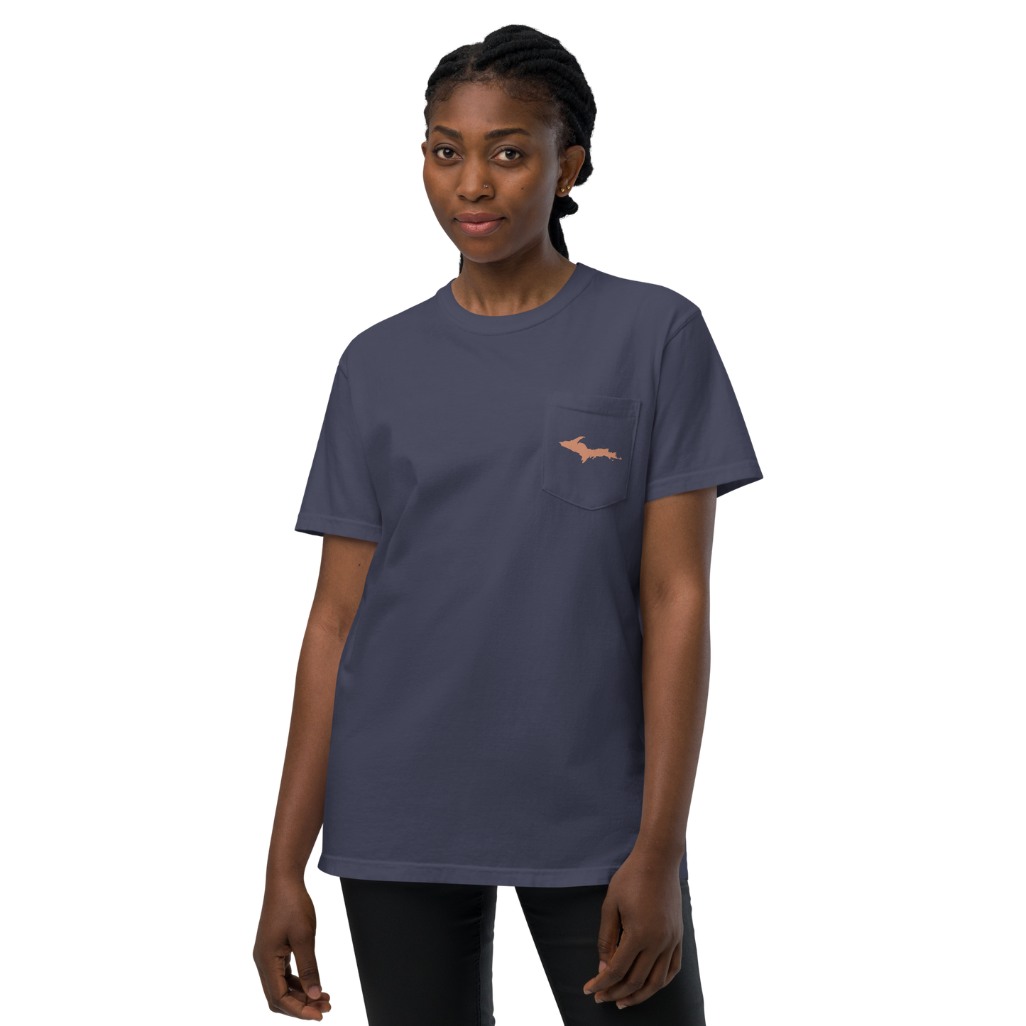 Michigan Upper Peninsula Pocket T-Shirt (w/ Copper UP Outline) | Garment Dyed