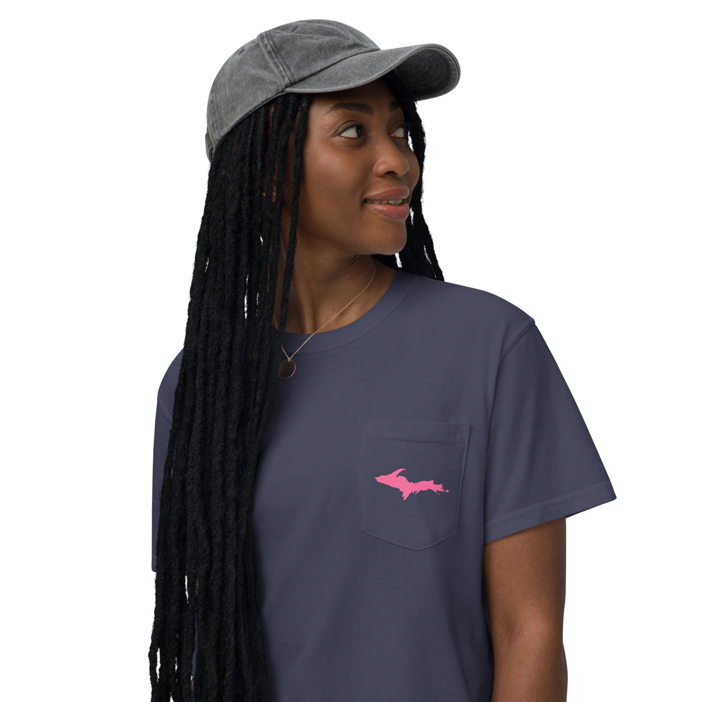 Michigan Upper Peninsula Pocket T-Shirt (w/ Pink UP Outline | Garment Dyed