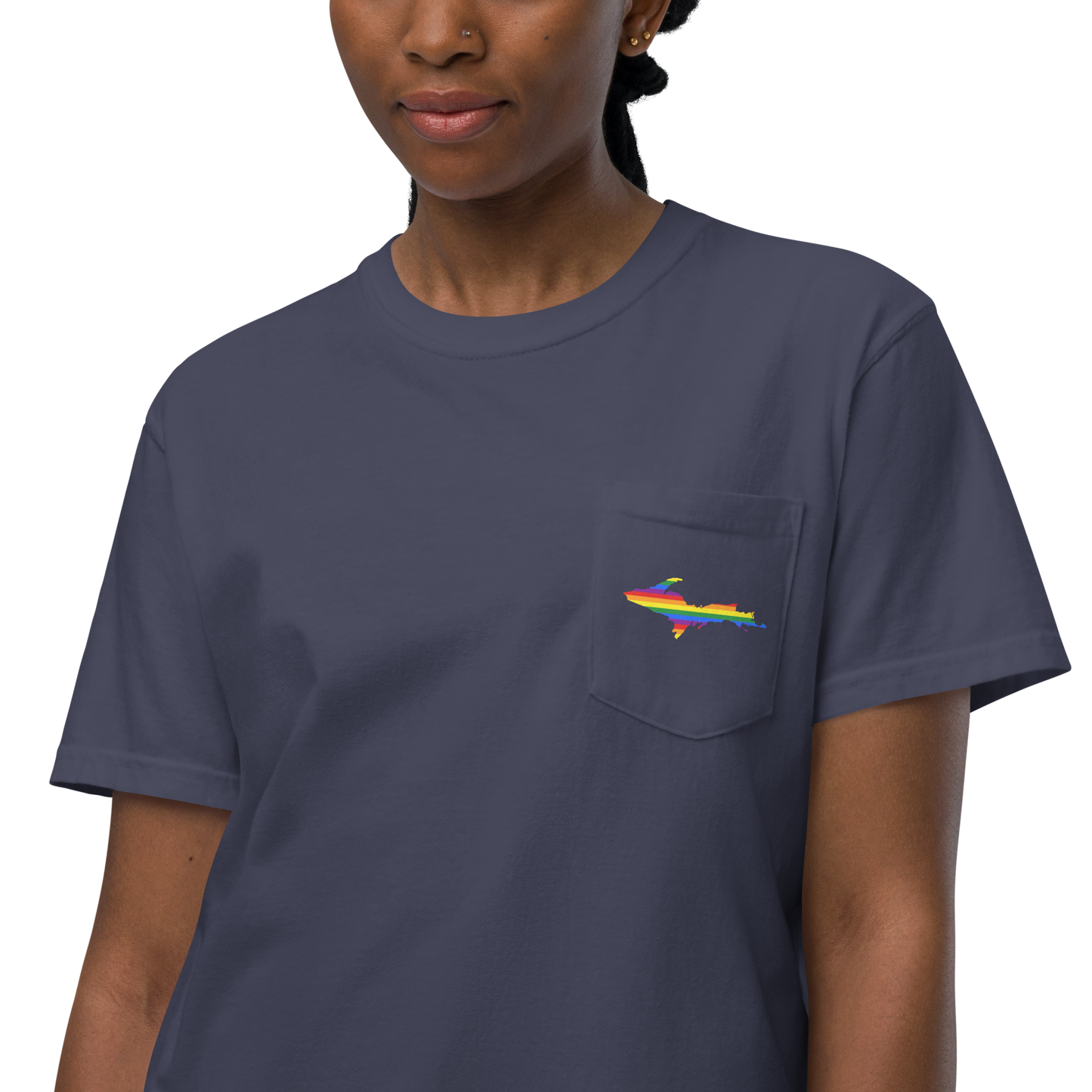 Michigan Upper Peninsula Pocket T-Shirt (w/ UP Rainbow Pride Flag) | Garment Dyed