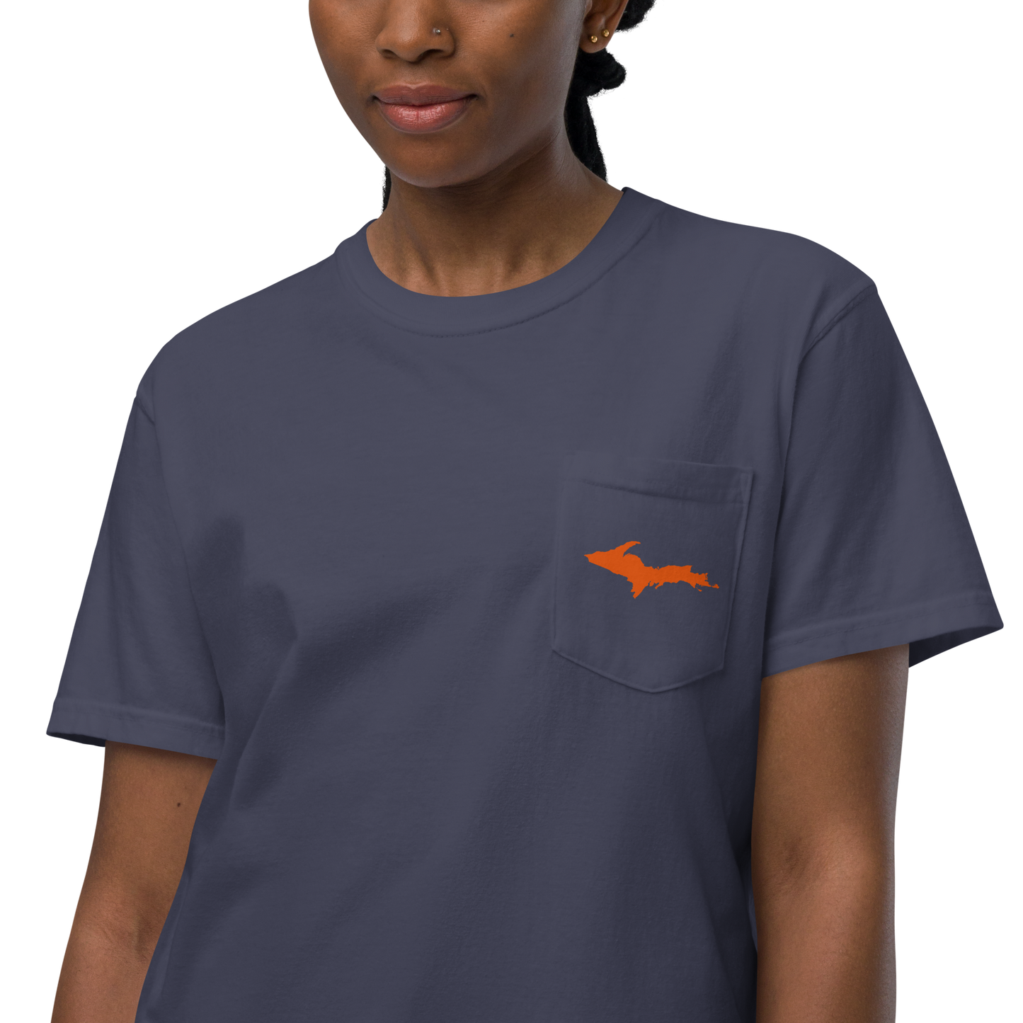 Michigan Upper Peninsula Pocket T-Shirt (w/ UP Orange Outline) | Garment Dyed