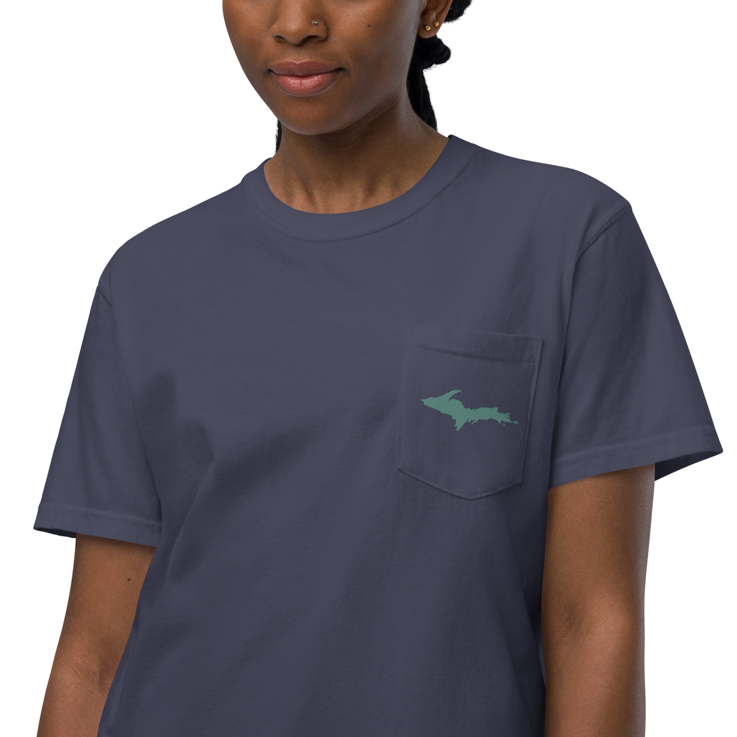 Michigan Upper Peninsula Pocket T-Shirt (w/ Copper Green UP Outline) | Garment Dyed