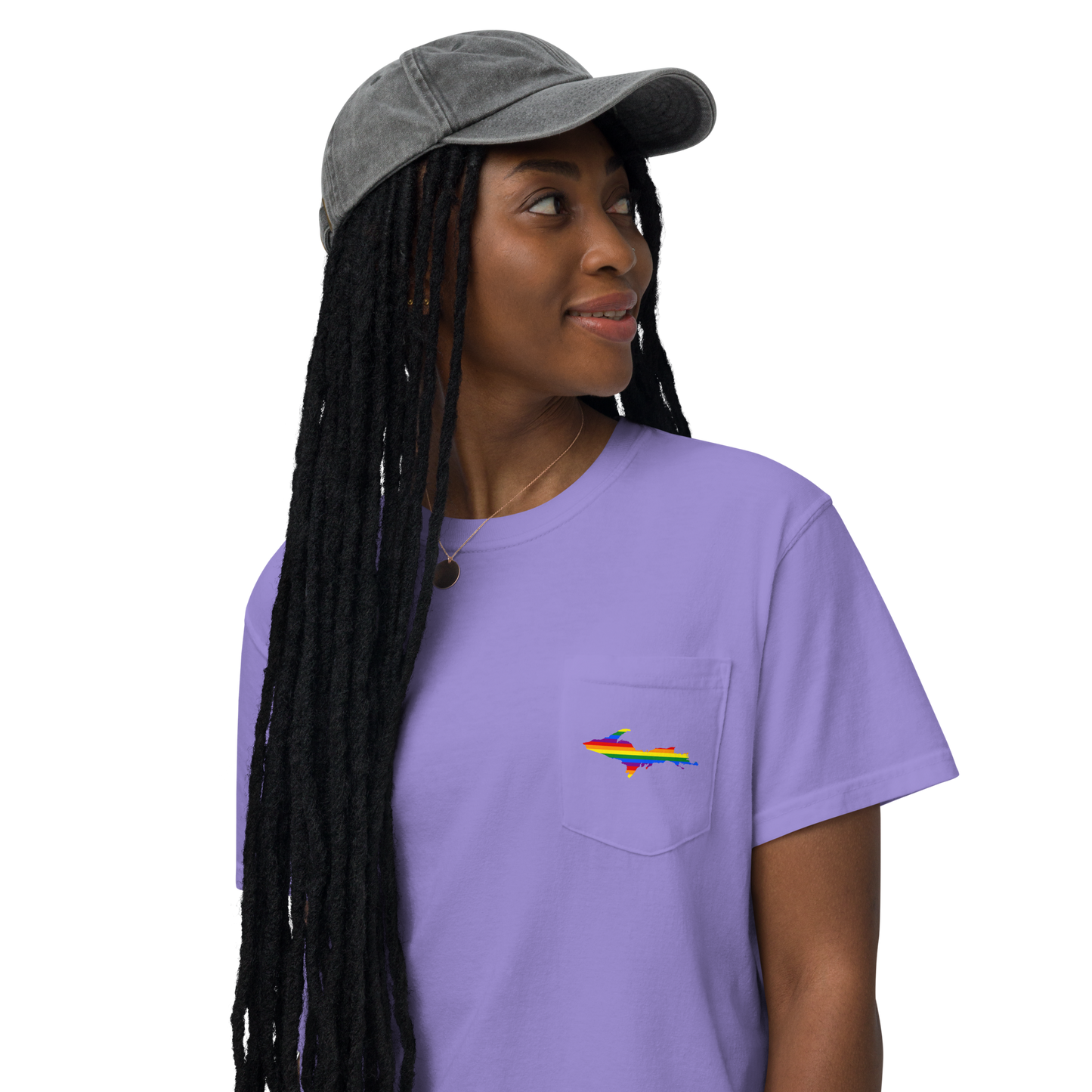 Michigan Upper Peninsula Pocket T-Shirt (w/ UP Rainbow Pride Flag) | Garment Dyed