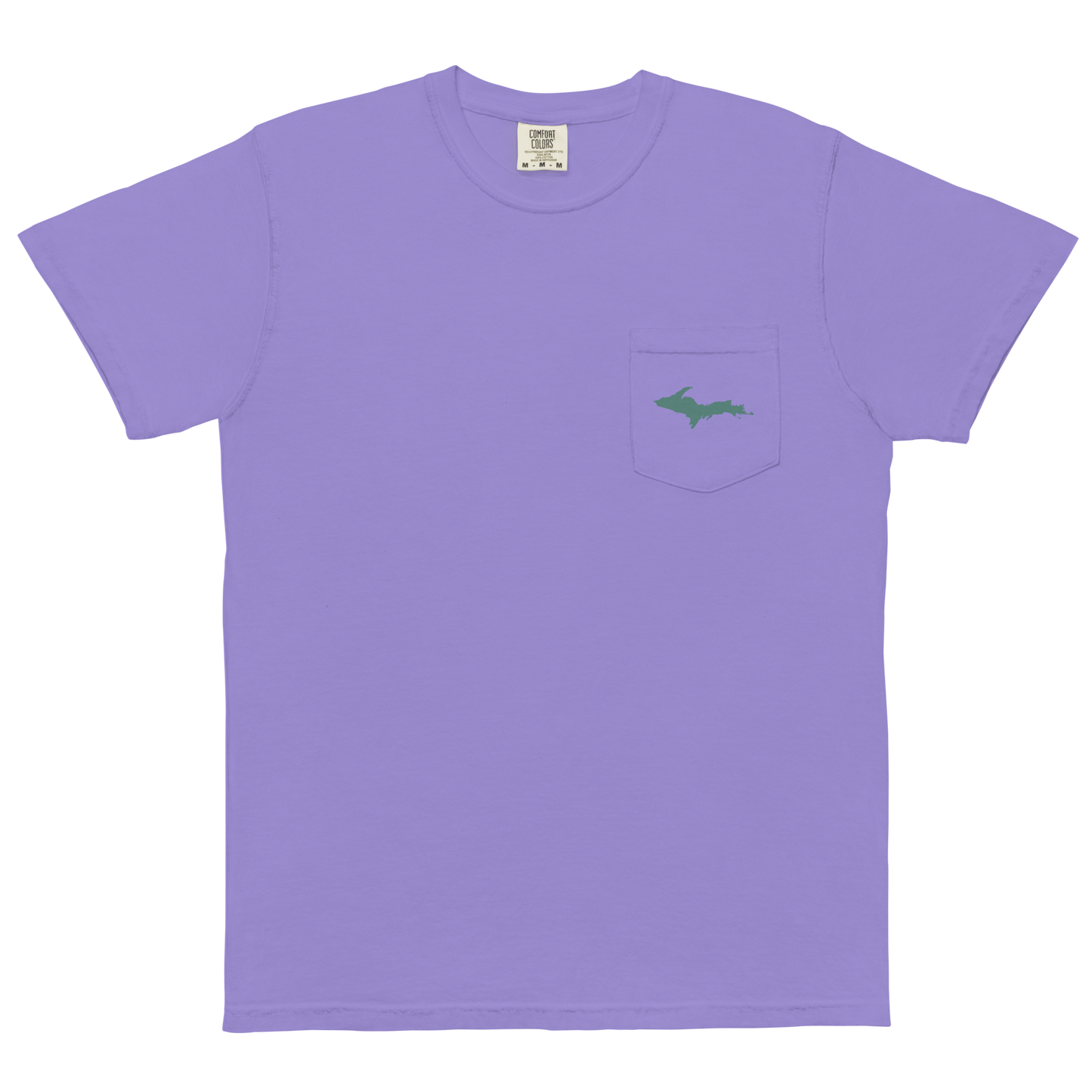 Michigan Upper Peninsula Pocket T-Shirt (w/ Copper Green UP Outline) | Garment Dyed