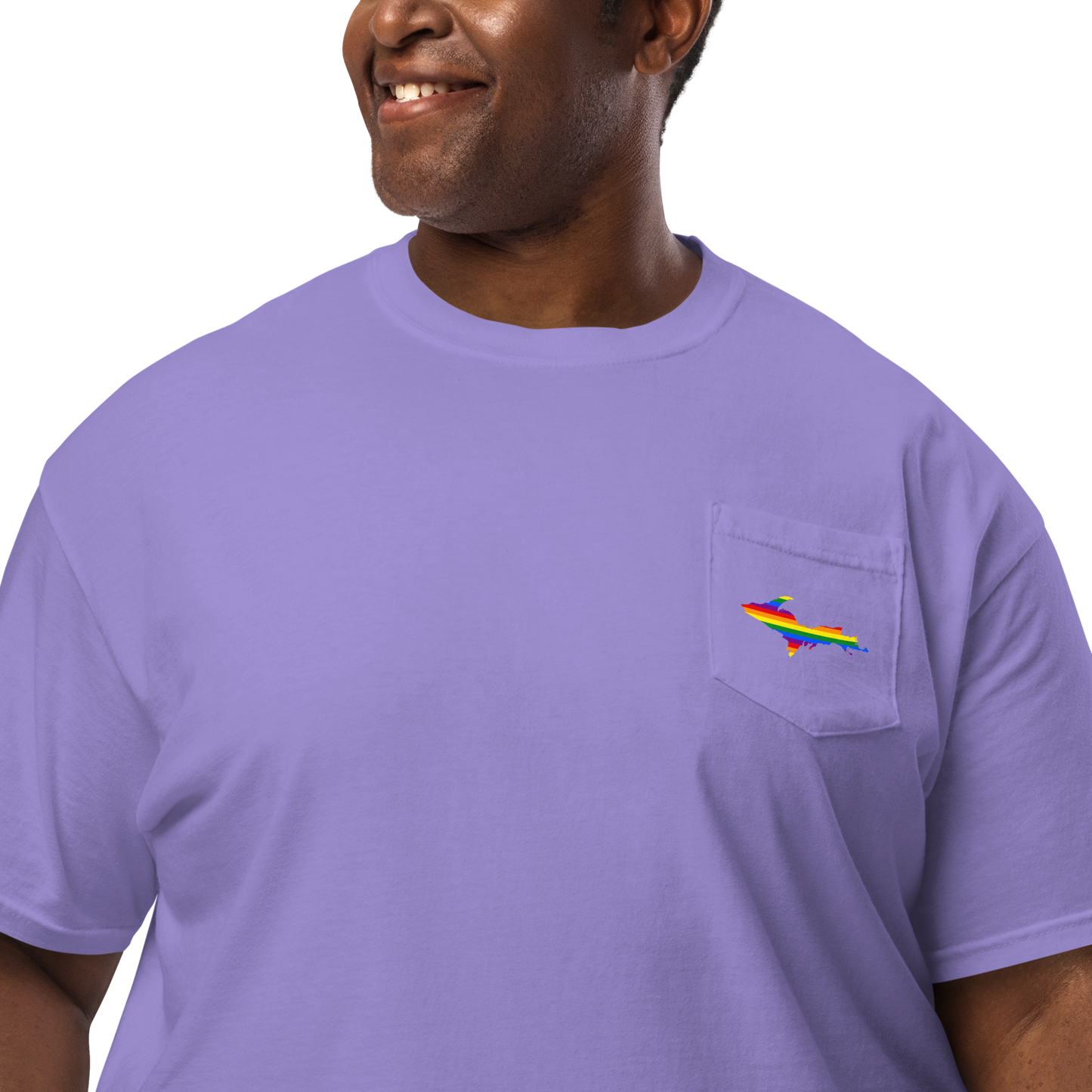 Michigan Upper Peninsula Pocket T-Shirt (w/ UP Rainbow Pride Flag) | Garment Dyed