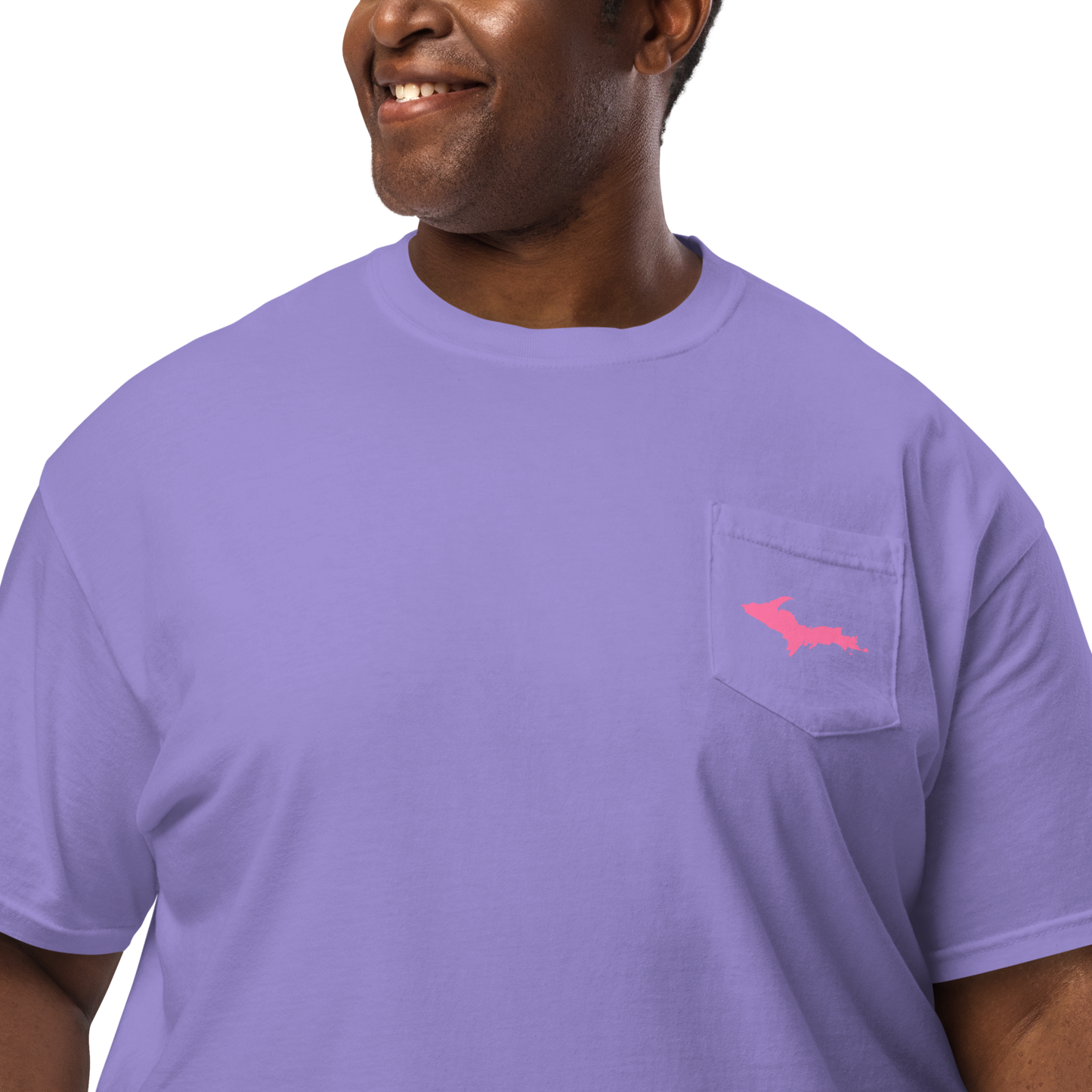 Michigan Upper Peninsula Pocket T-Shirt (w/ Pink UP Outline | Garment Dyed