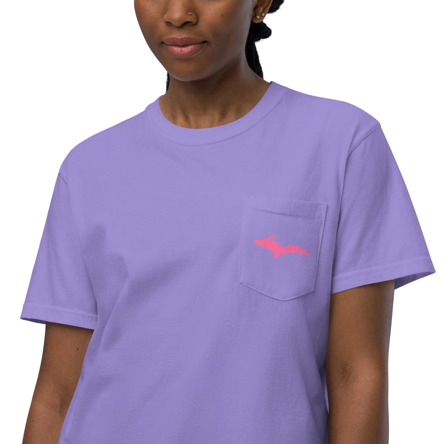 Michigan Upper Peninsula Pocket T-Shirt (w/ Pink UP Outline | Garment Dyed