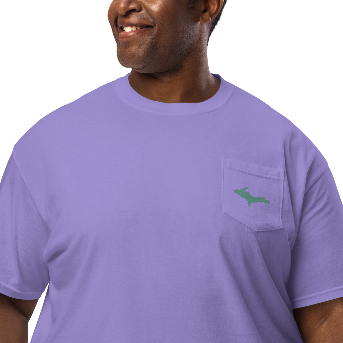 Michigan Upper Peninsula Pocket T-Shirt (w/ Copper Green UP Outline) | Garment Dyed