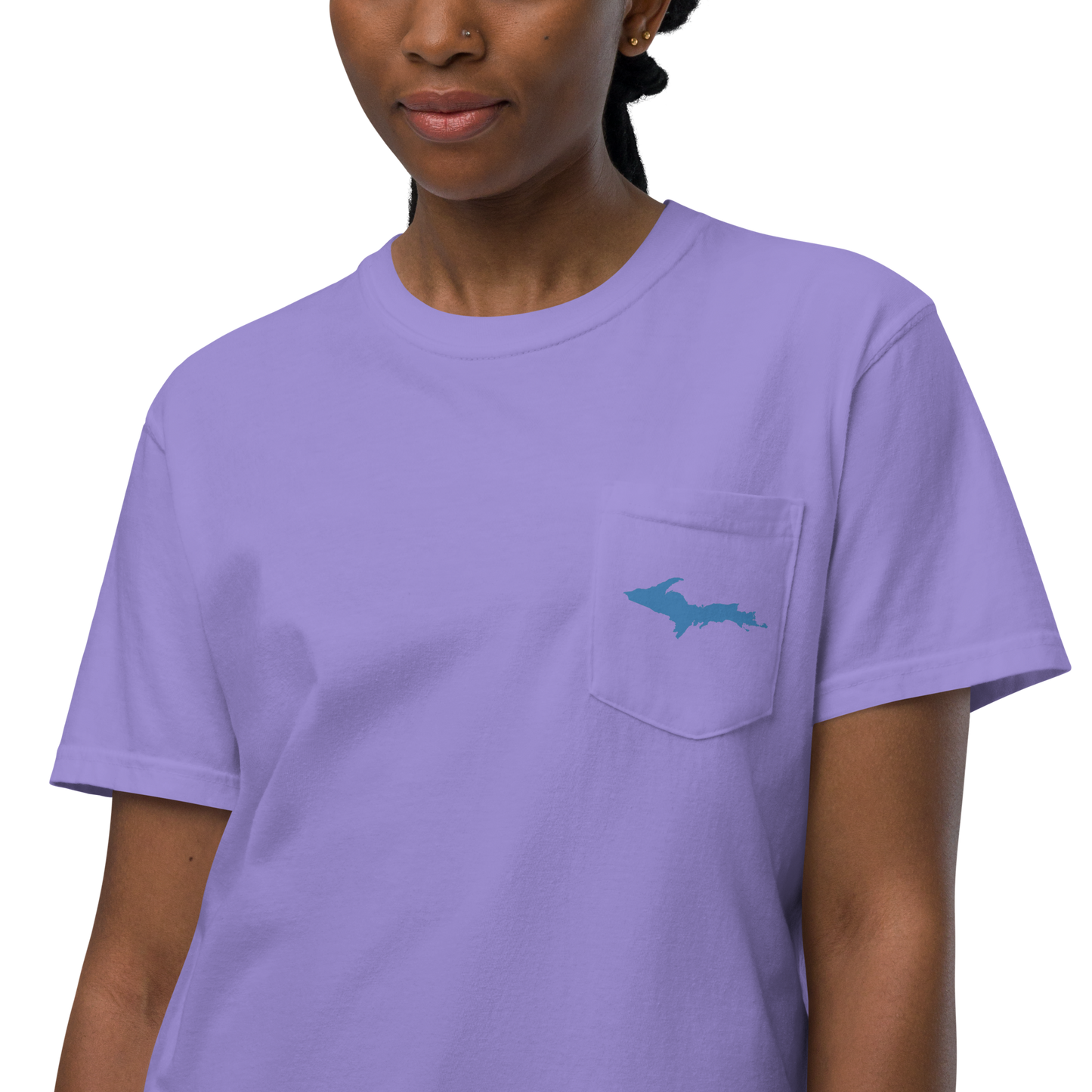 Michigan Upper Peninsula Pocket T-Shirt (w/ Blue UP Outline | Garment Dyed