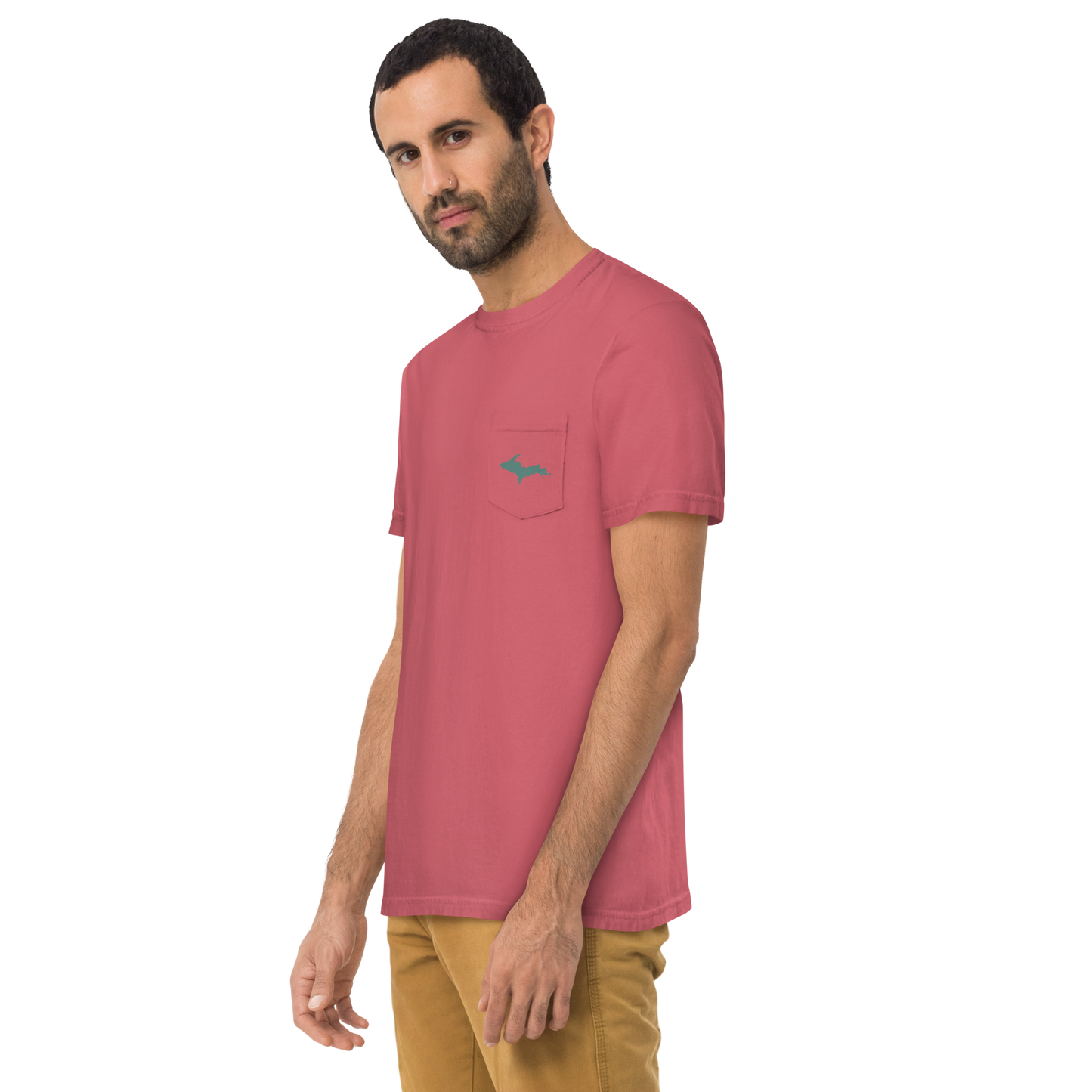 Michigan Upper Peninsula Pocket T-Shirt (w/ Copper Green UP Outline) | Garment Dyed