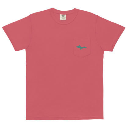 Michigan Upper Peninsula Pocket T-Shirt (w/ Copper Green UP Outline) | Garment Dyed