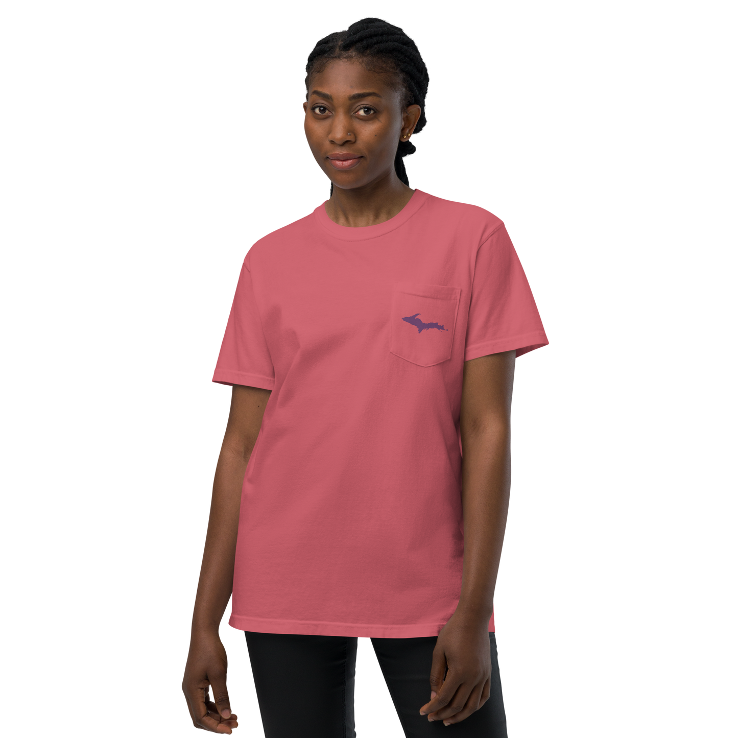 Michigan Upper Peninsula Pocket T-Shirt (w/ Plum UP Outline) | Garment Dyed