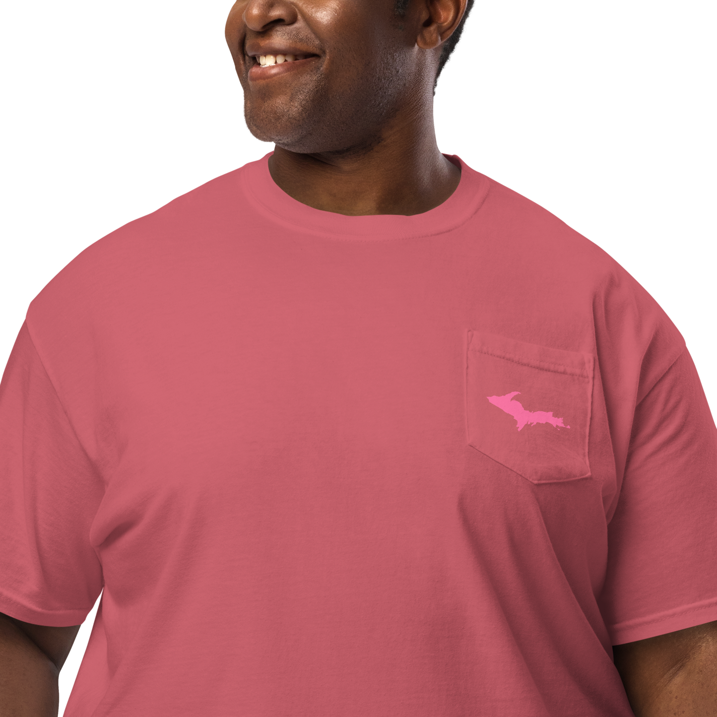 Michigan Upper Peninsula Pocket T-Shirt (w/ Pink UP Outline | Garment Dyed