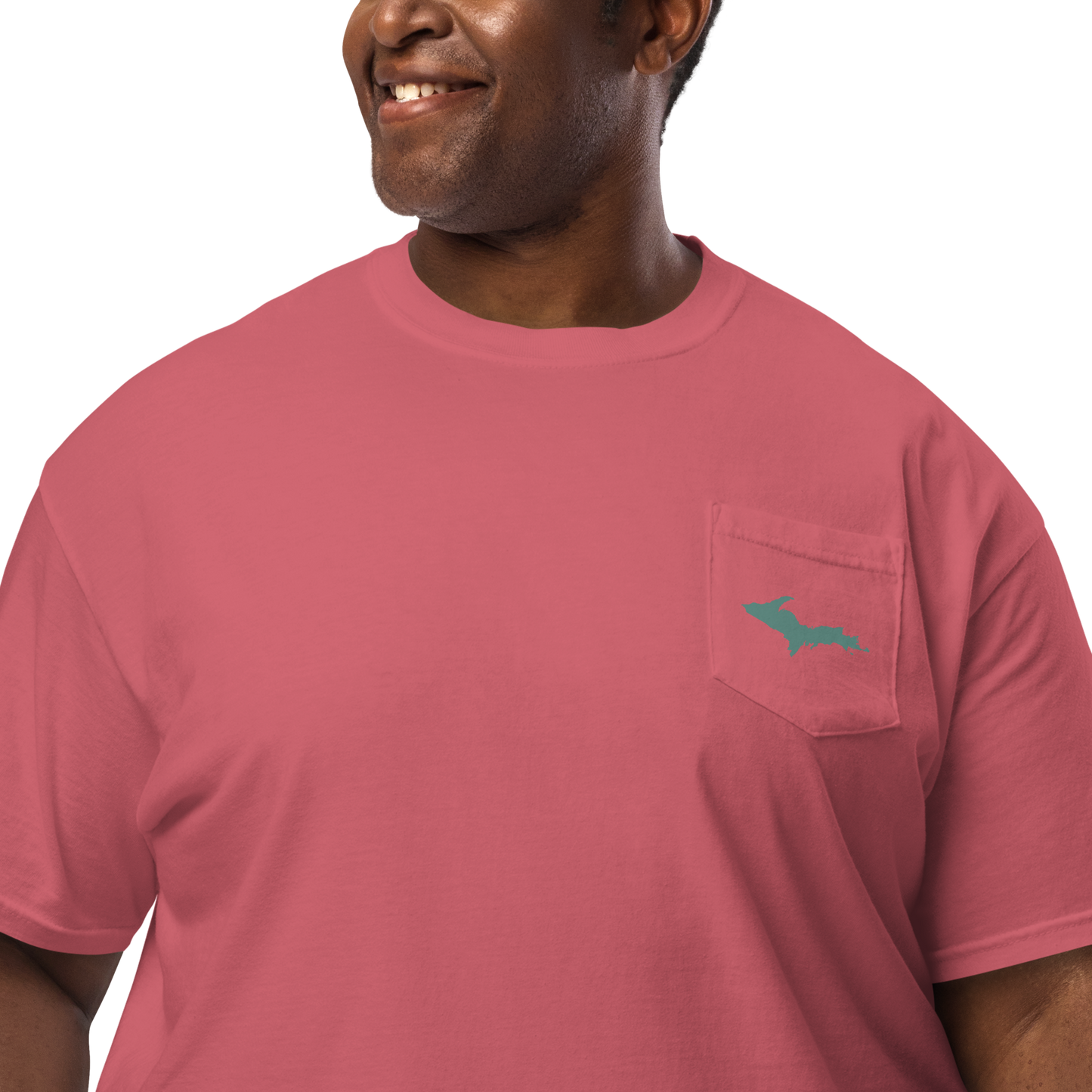 Michigan Upper Peninsula Pocket T-Shirt (w/ Copper Green UP Outline) | Garment Dyed