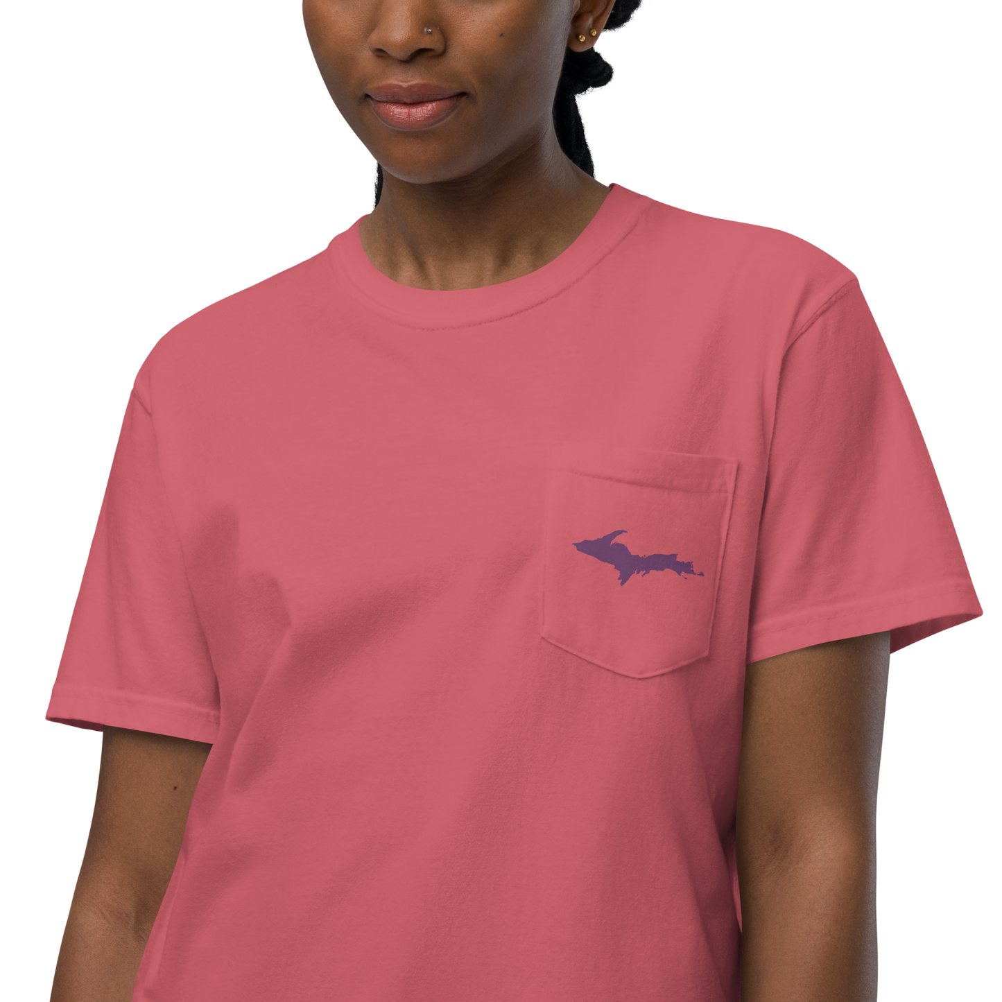 Michigan Upper Peninsula Pocket T-Shirt (w/ Plum UP Outline) | Garment Dyed