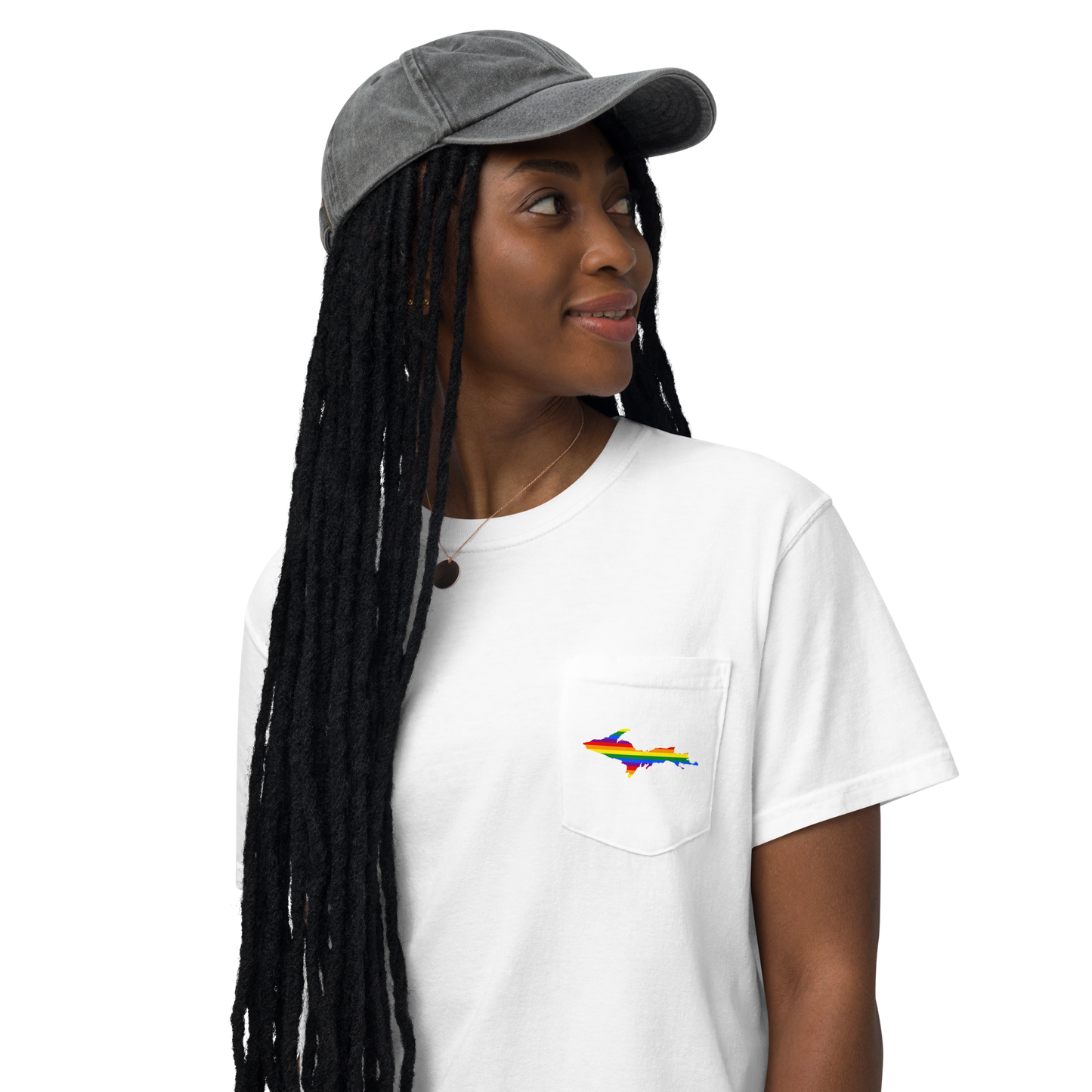 Michigan Upper Peninsula Pocket T-Shirt (w/ UP Rainbow Pride Flag) | Garment Dyed