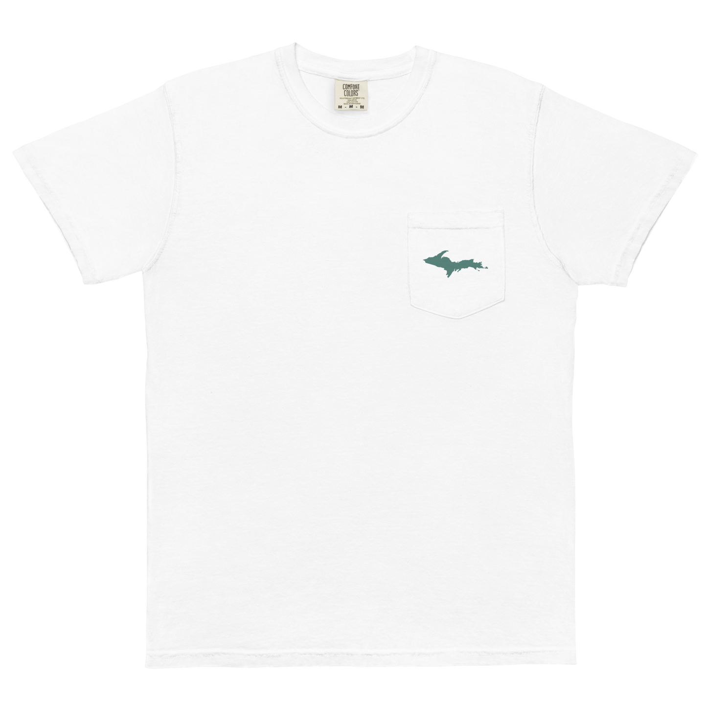 Michigan Upper Peninsula Pocket T-Shirt (w/ Copper Green UP Outline) | Garment Dyed