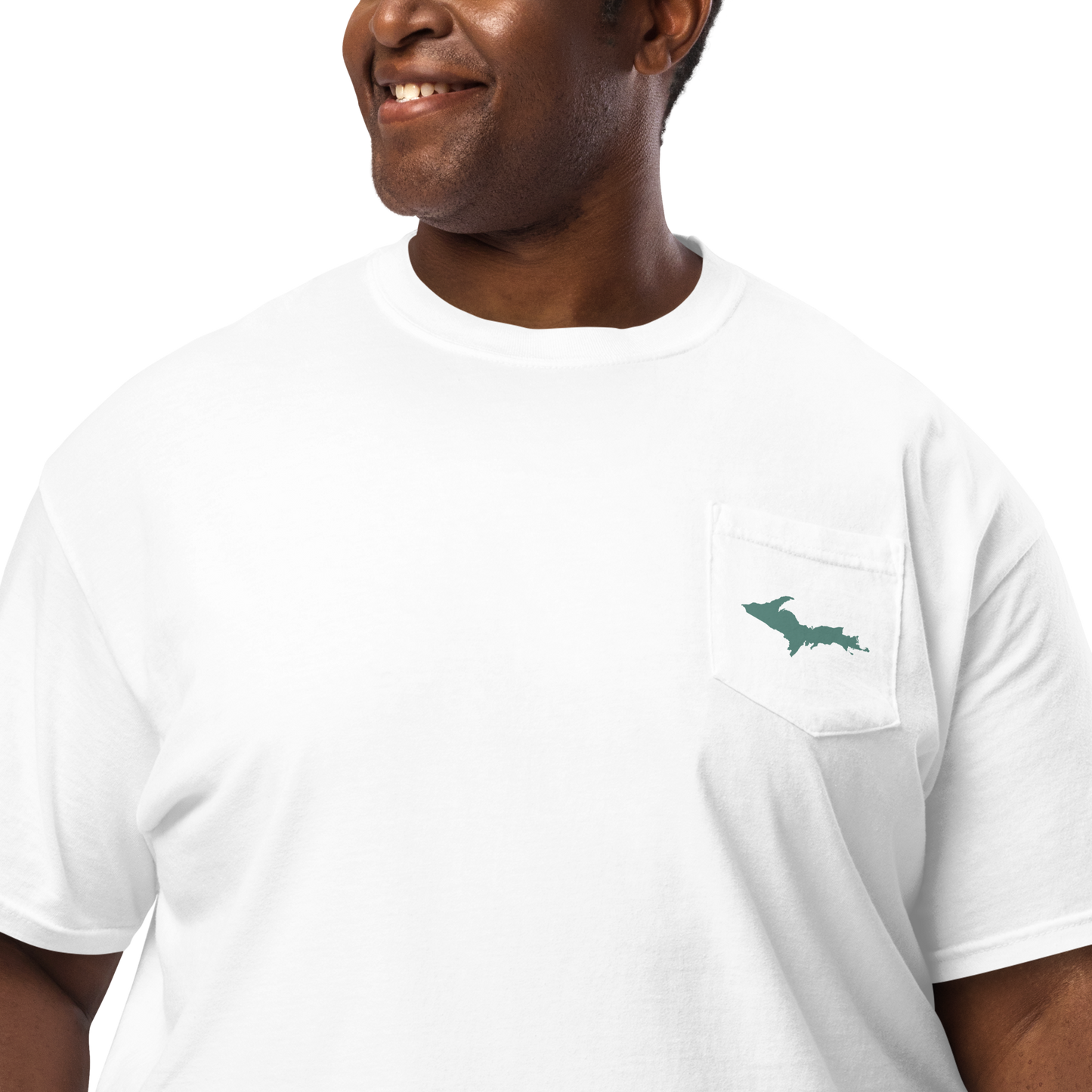 Michigan Upper Peninsula Pocket T-Shirt (w/ Copper Green UP Outline) | Garment Dyed