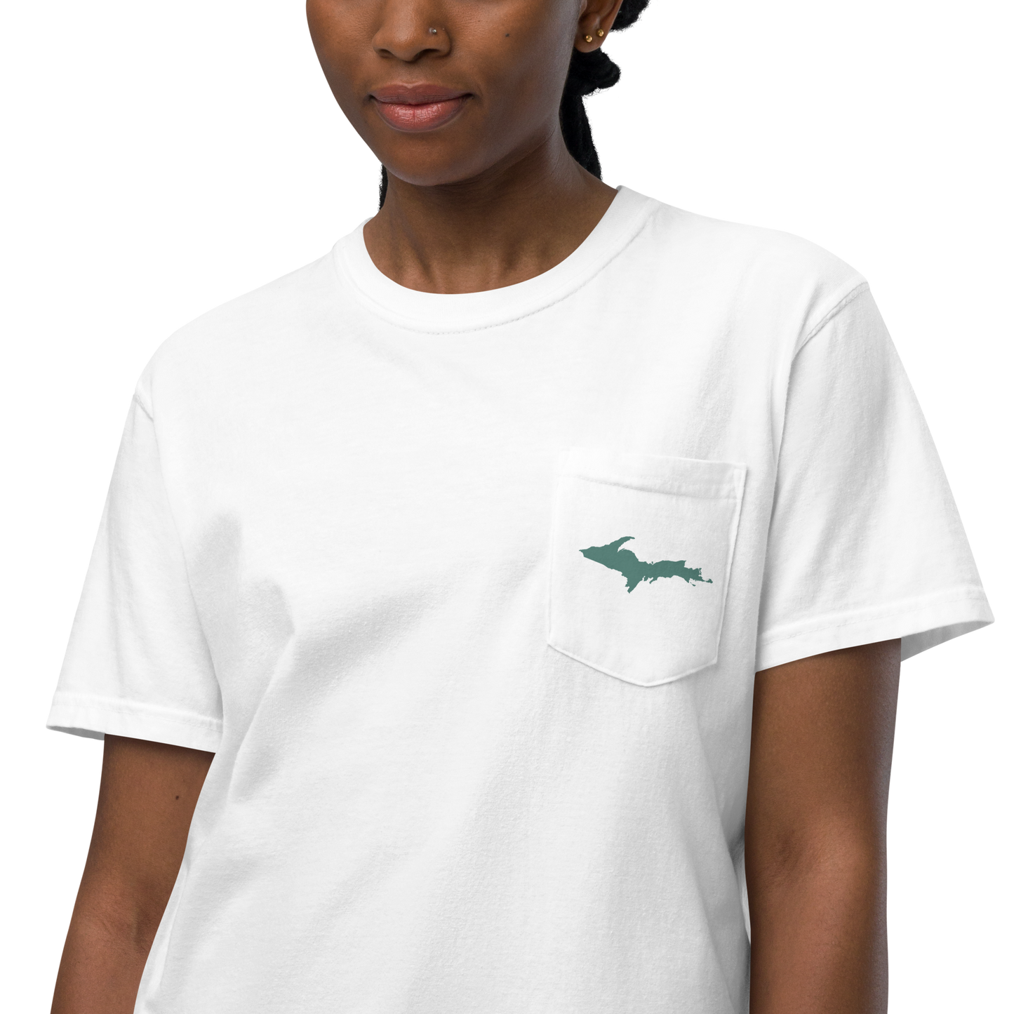 Michigan Upper Peninsula Pocket T-Shirt (w/ Copper Green UP Outline) | Garment Dyed