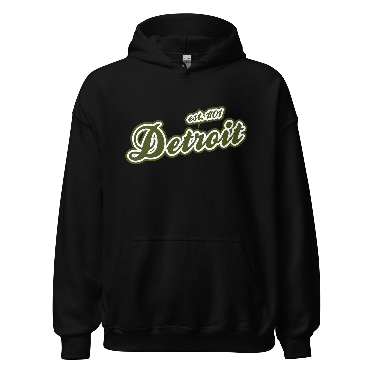 'Detroit EST. 1701' Hoodie (Army Green Script Font) | Unisex Standard