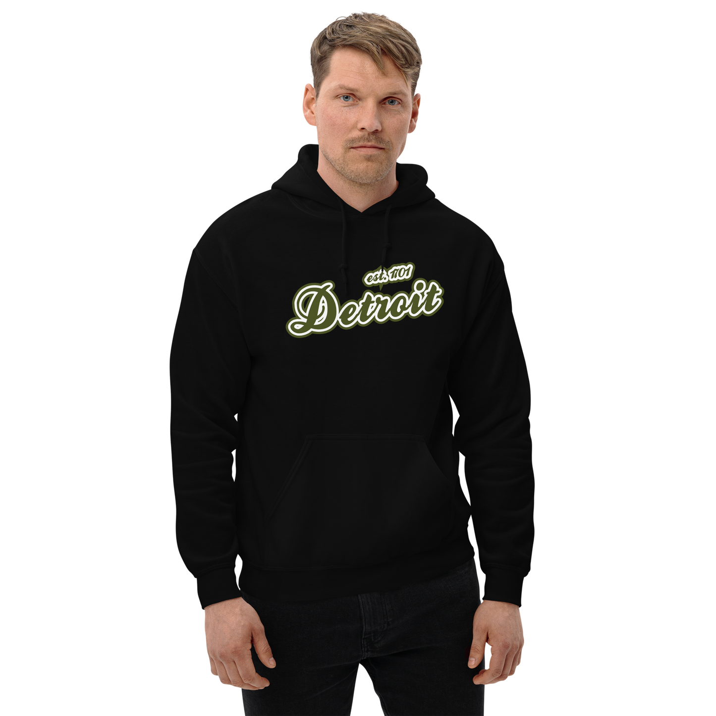 'Detroit EST. 1701' Hoodie (Army Green Script Font) | Unisex Standard