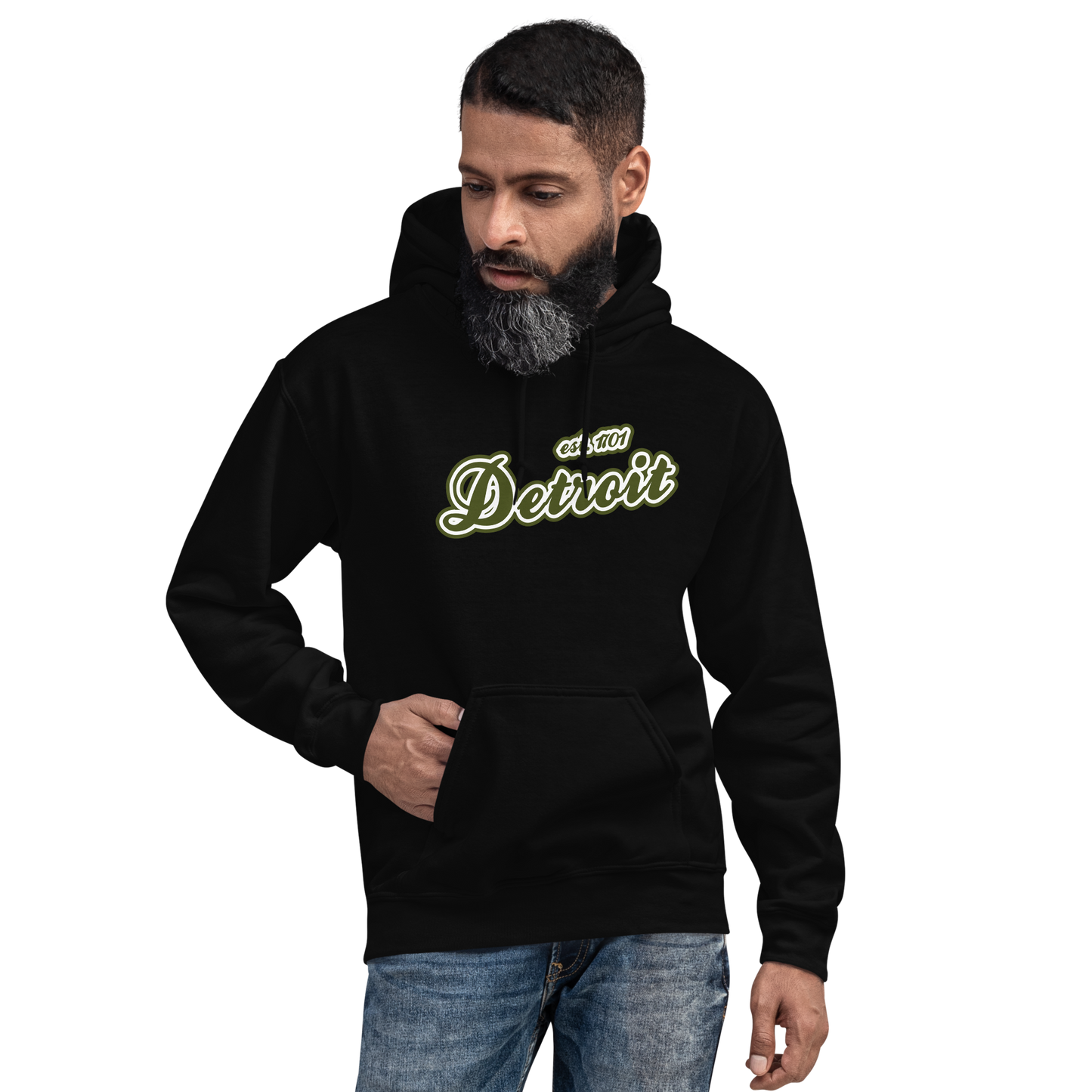 'Detroit EST. 1701' Hoodie (Army Green Script Font) | Unisex Standard