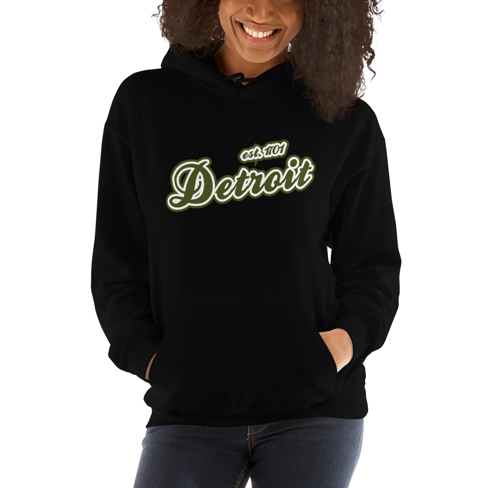 'Detroit EST. 1701' Hoodie (Army Green Script Font) | Unisex Standard