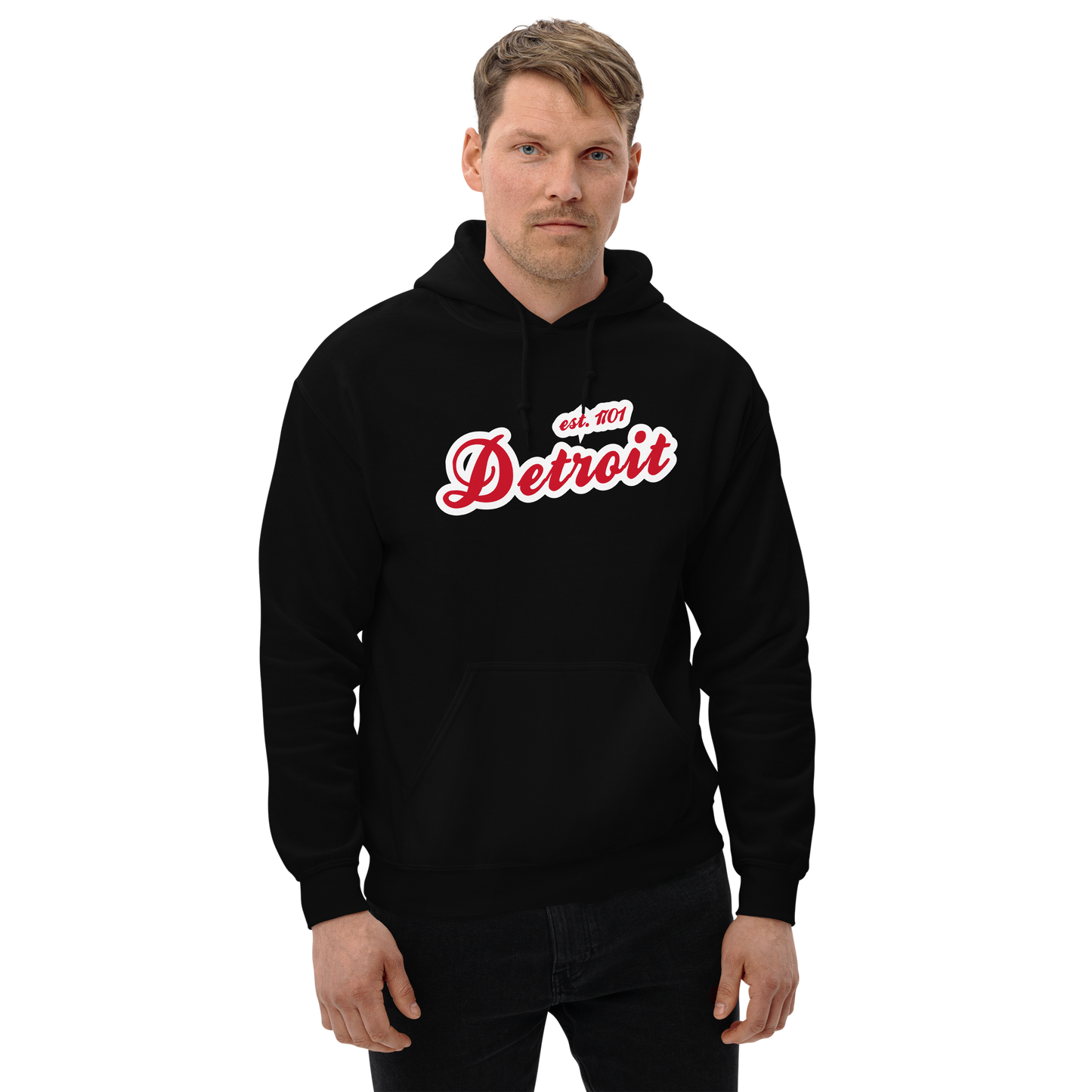 'Detroit EST. 1701' Hoodie (Aliform Red Script Font) | Unisex Standard