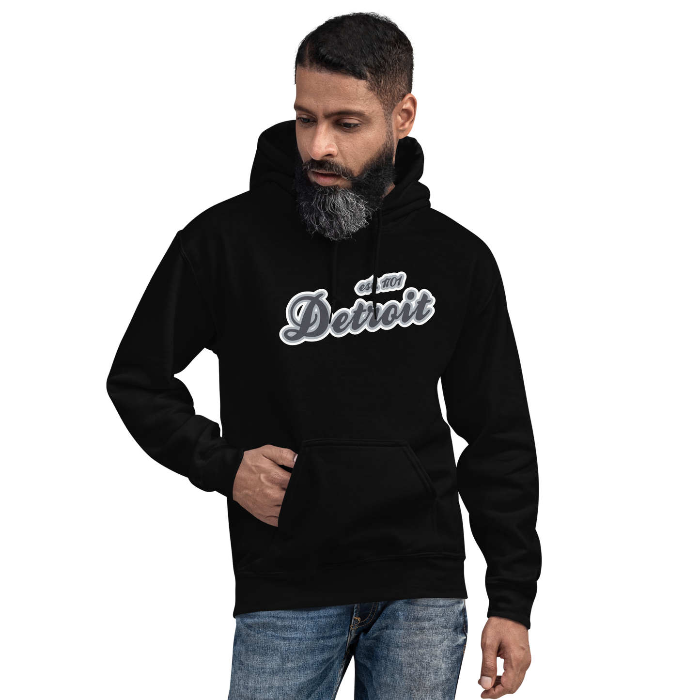 'Detroit EST. 1701' Hoodie (Iron Ore Grey Script Font) | Unisex Standard