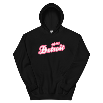 'Detroit EST. 1701' Hoodie (Rhodochrosite Pink Script Font) | Unisex Standard