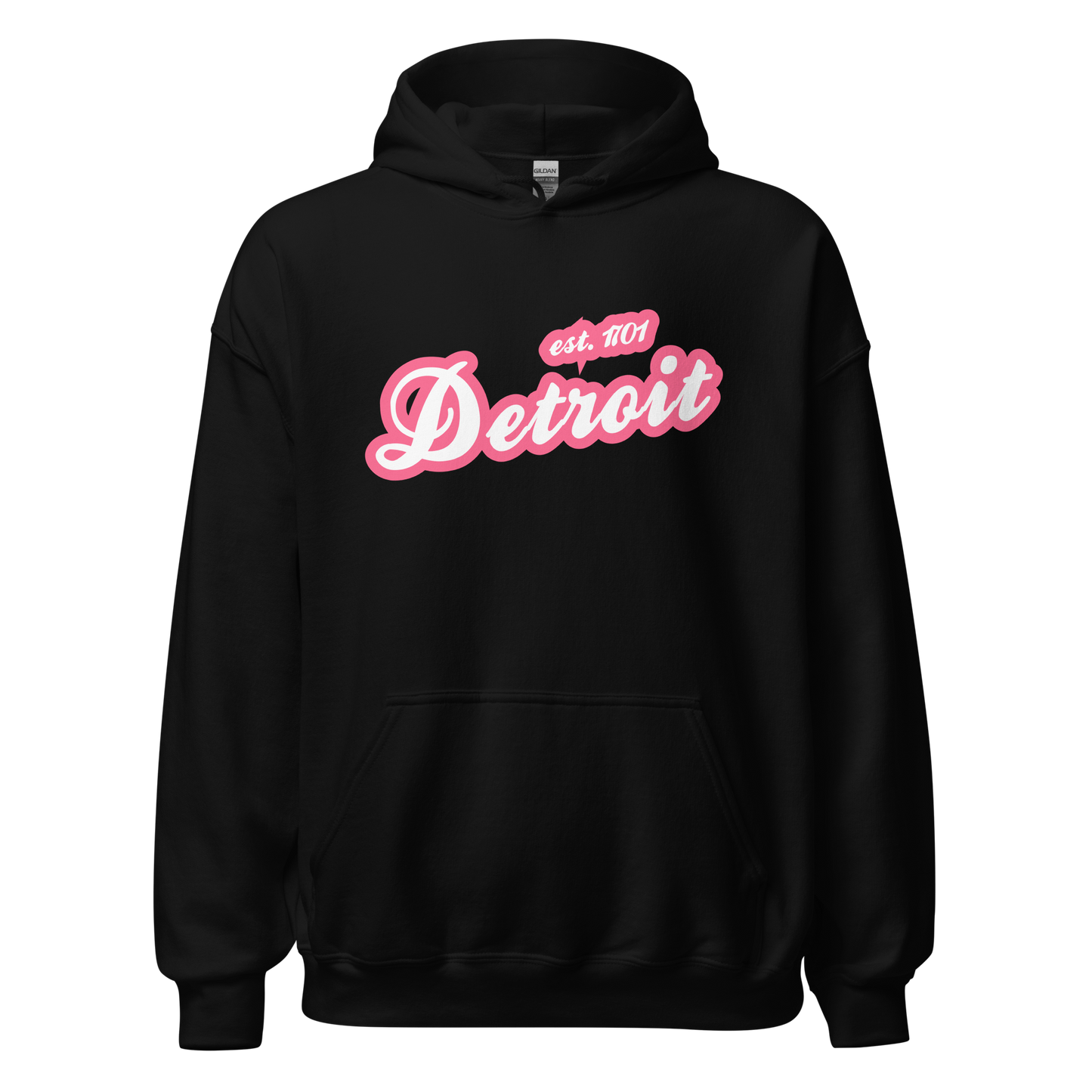 'Detroit EST. 1701' Hoodie (Rhodochrosite Pink Script Font) | Unisex Standard