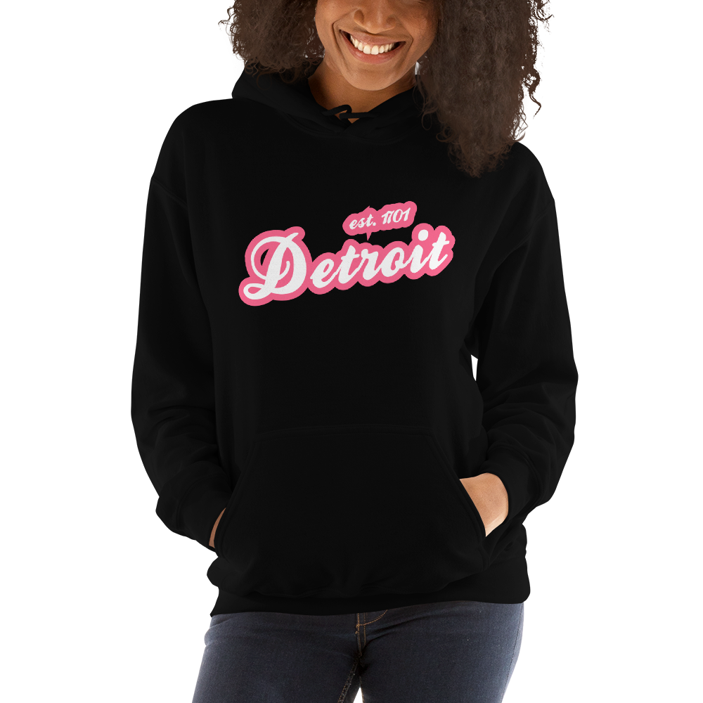 'Detroit EST. 1701' Hoodie (Rhodochrosite Pink Script Font) | Unisex Standard