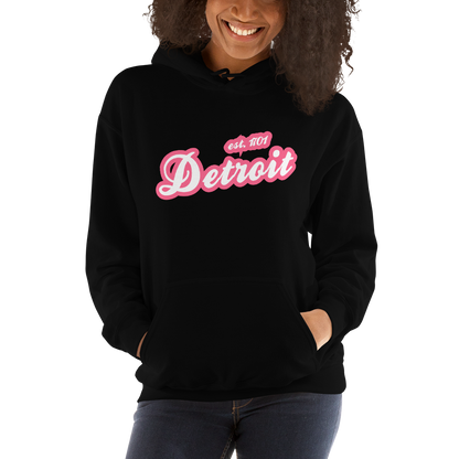 'Detroit EST. 1701' Hoodie (Rhodochrosite Pink Script Font) | Unisex Standard