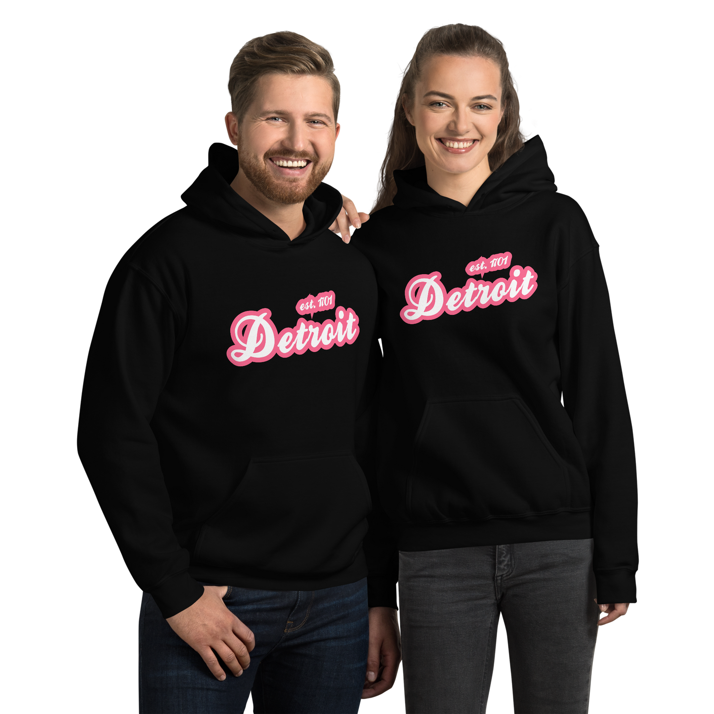 'Detroit EST. 1701' Hoodie (Rhodochrosite Pink Script Font) | Unisex Standard