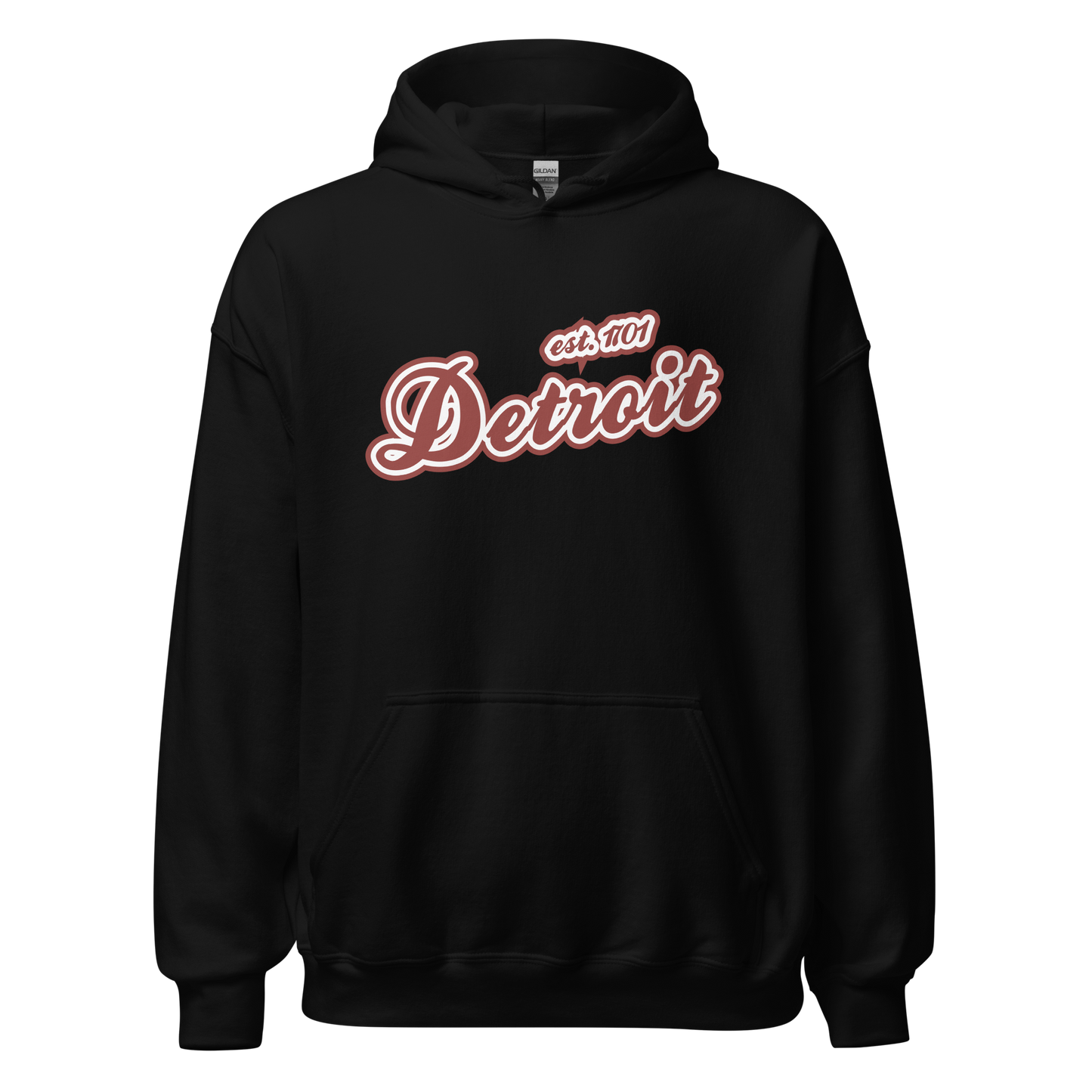 'Detroit EST. 1701' Hoodie (Ore Dock Red Script Font) | Unisex Standard